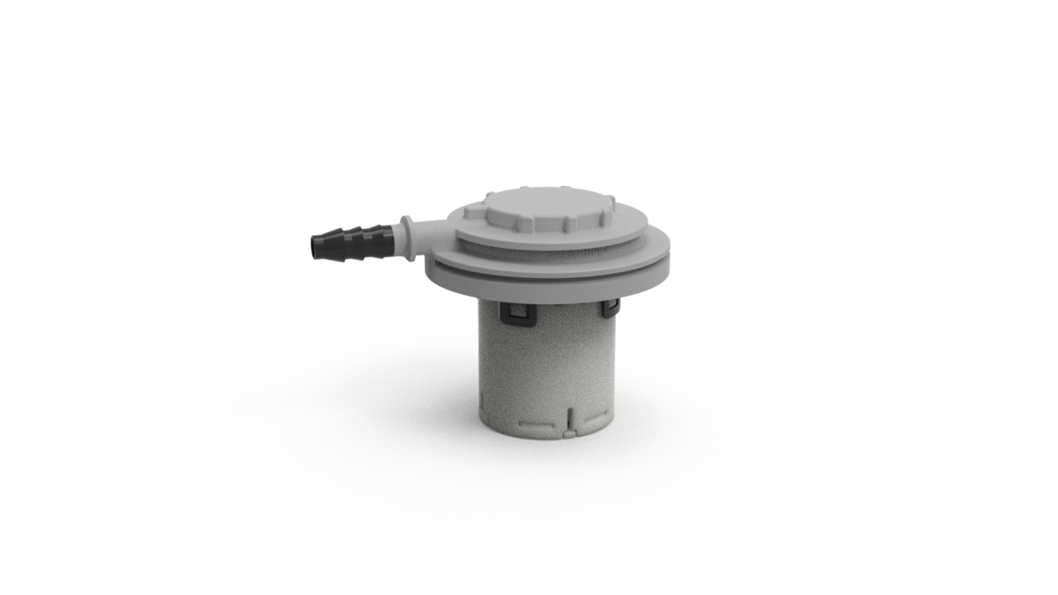 A gray plastic device with a cylindrical base and a flat, circular top, featuring a black hose connector on the side, positioned on a white background.