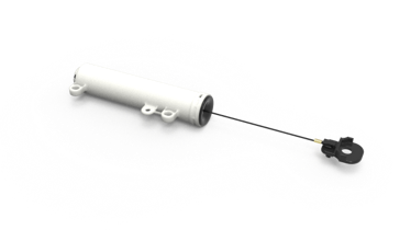 A white cylindrical object with a black cord and a small black attachment at the end, likely a shock absorber or hydraulic component.