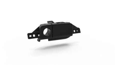 A black automotive sensor or camera mounted on a strip with mounting points, displayed on a white background.