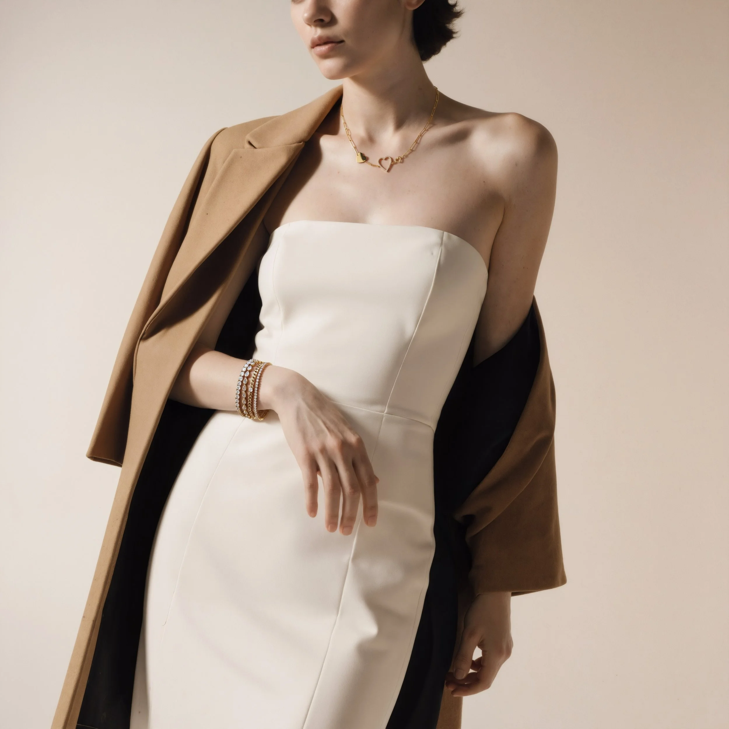 A woman in a strapless white dress with a beige coat draped over her shoulders, wearing jewelry including a gold necklace with a heart pendant, and bracelets on her wrist.