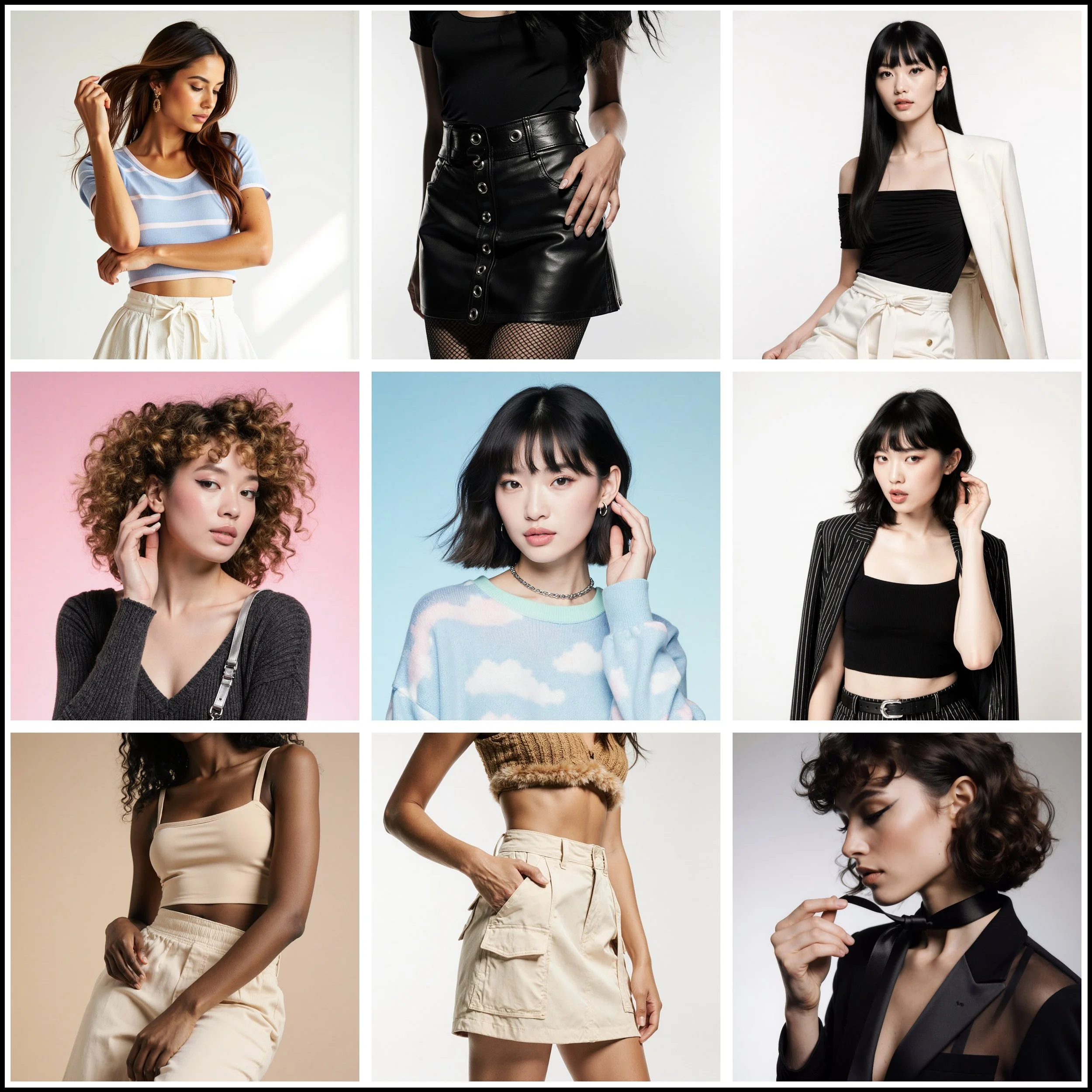 A collage of nine women modeling various fashion outfits, including casual wear, stylish tops, skirts, and accessories in different poses and background colors.