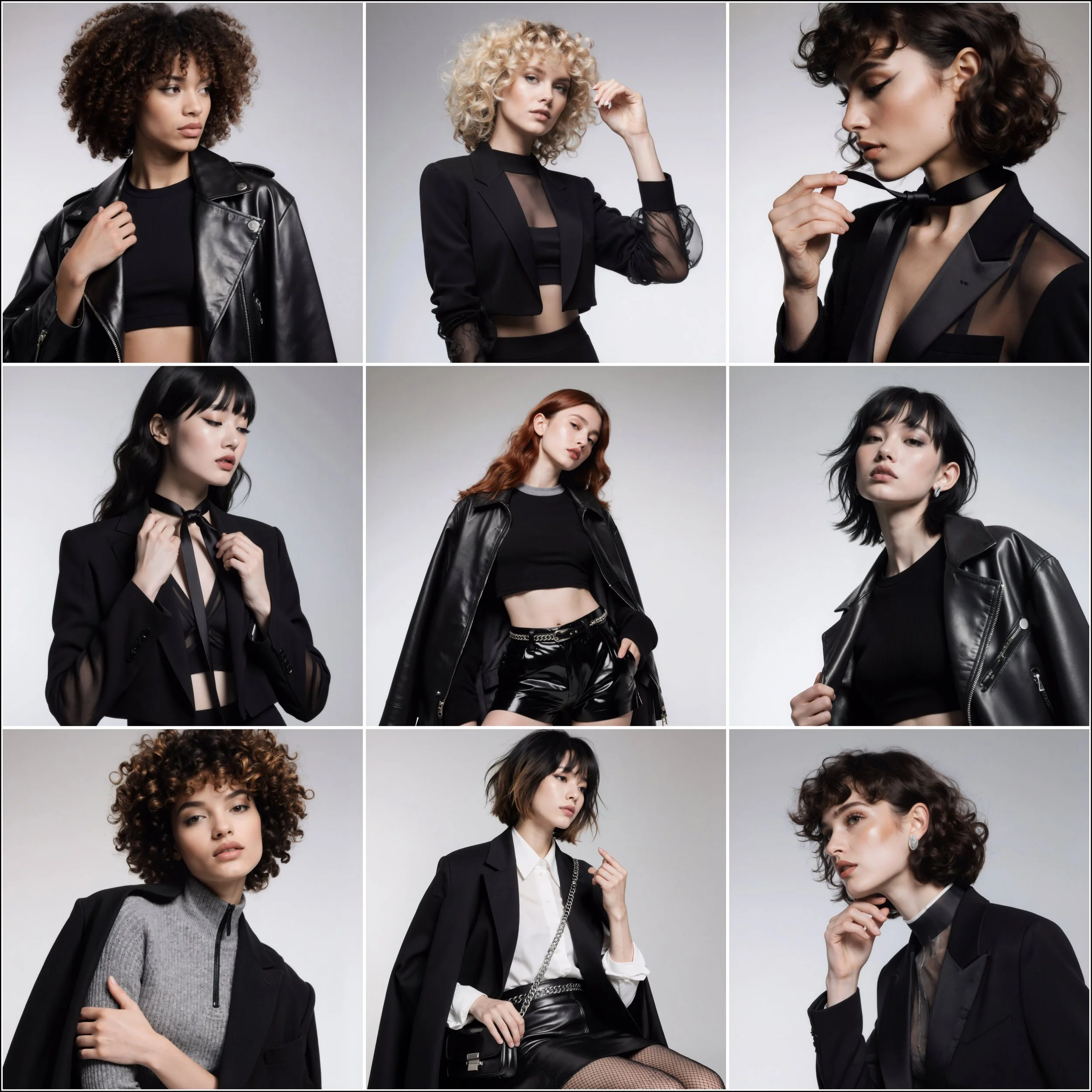 Collage of nine women wearing black fashion outfits, some with leather jackets, blouses, and accessories, posing against plain backgrounds.