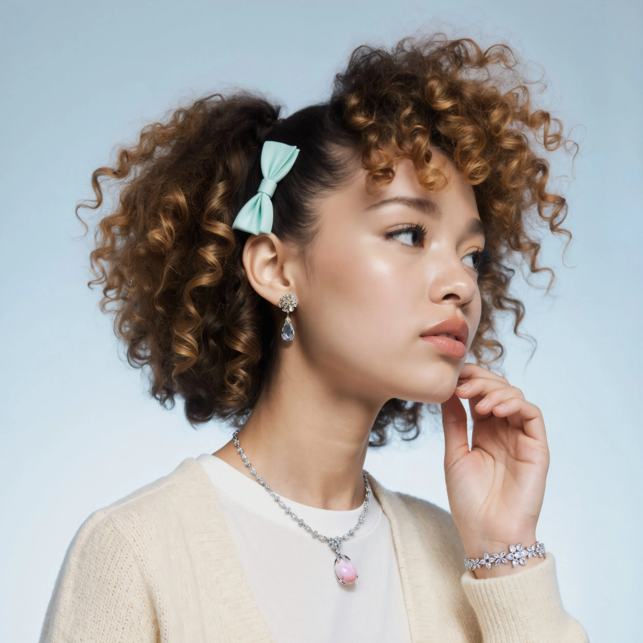Portrait of a young woman with curly hair, wearing a mint green bow in her hair, pearl earrings, a pearl necklace, and a floral bracelet, against a light background.