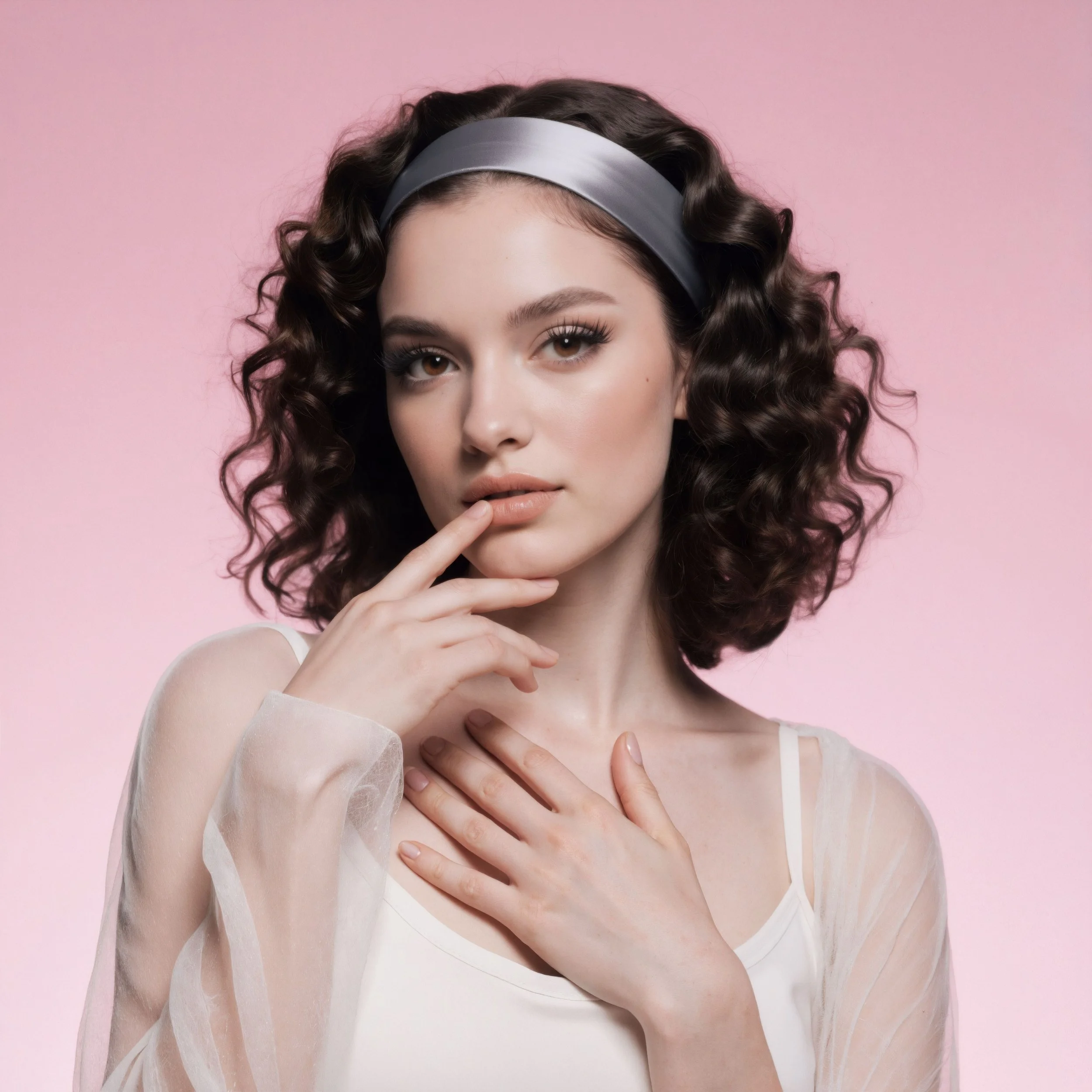 Portrait of a young woman with dark curly hair wearing a black headband, with one hand near her lips and the other on her neck, set against a pink background.