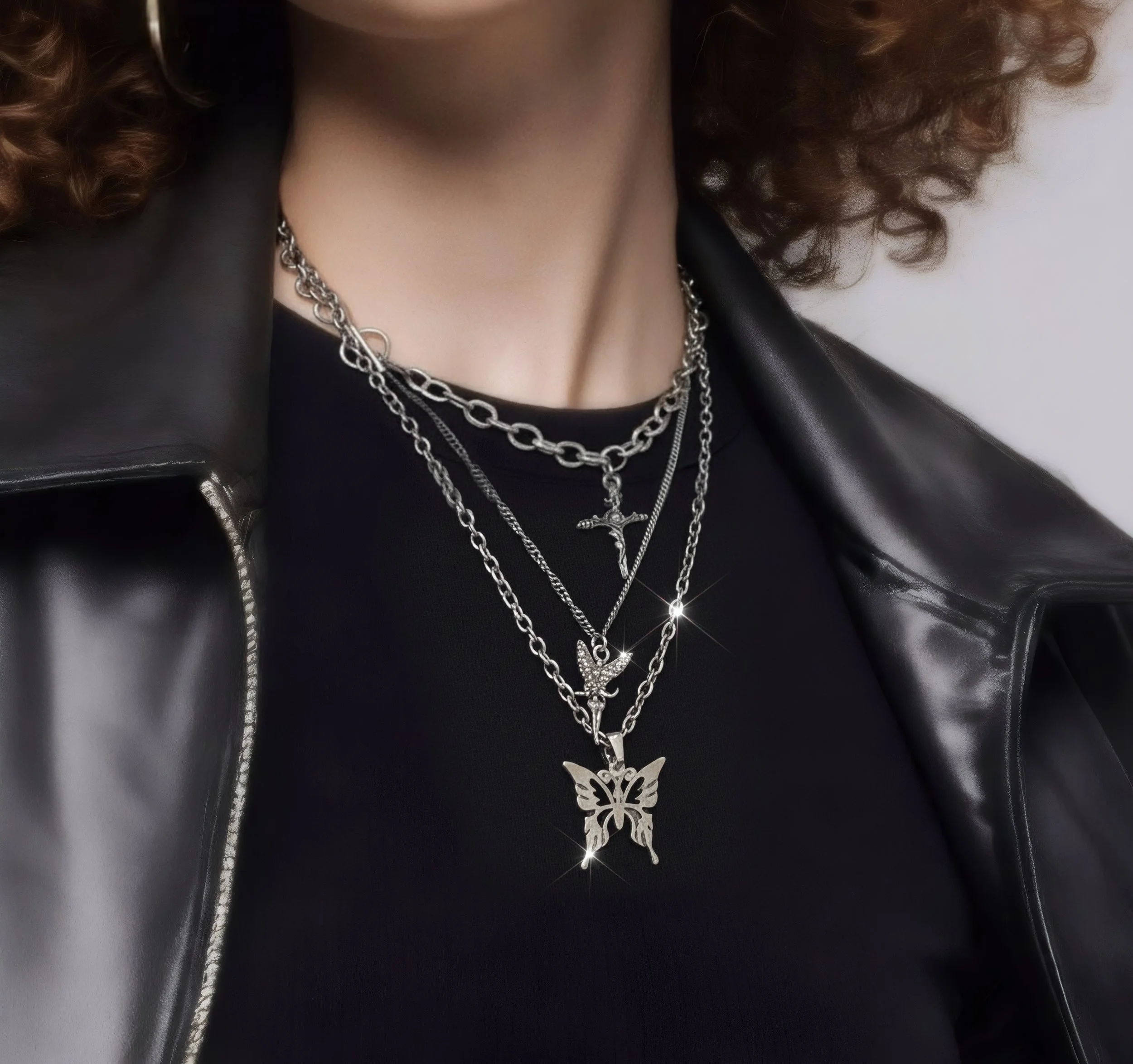 Close-up of a person's neck and chest area wearing layered silver necklaces with a butterfly pendant and a cross pendant, against a black top and leather jacket.