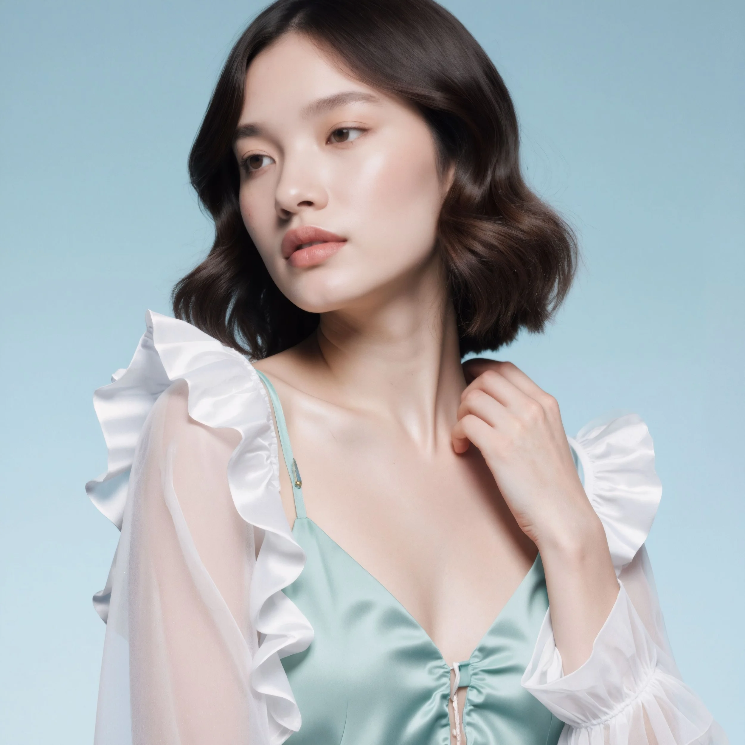 A young woman with short, wavy brown hair and fair skin is looking slightly to her left. She is wearing a light mint-colored top with thin straps and ruffled, sheer white sleeves. She is touching her neck with her right hand, and the background is a plain light blue.