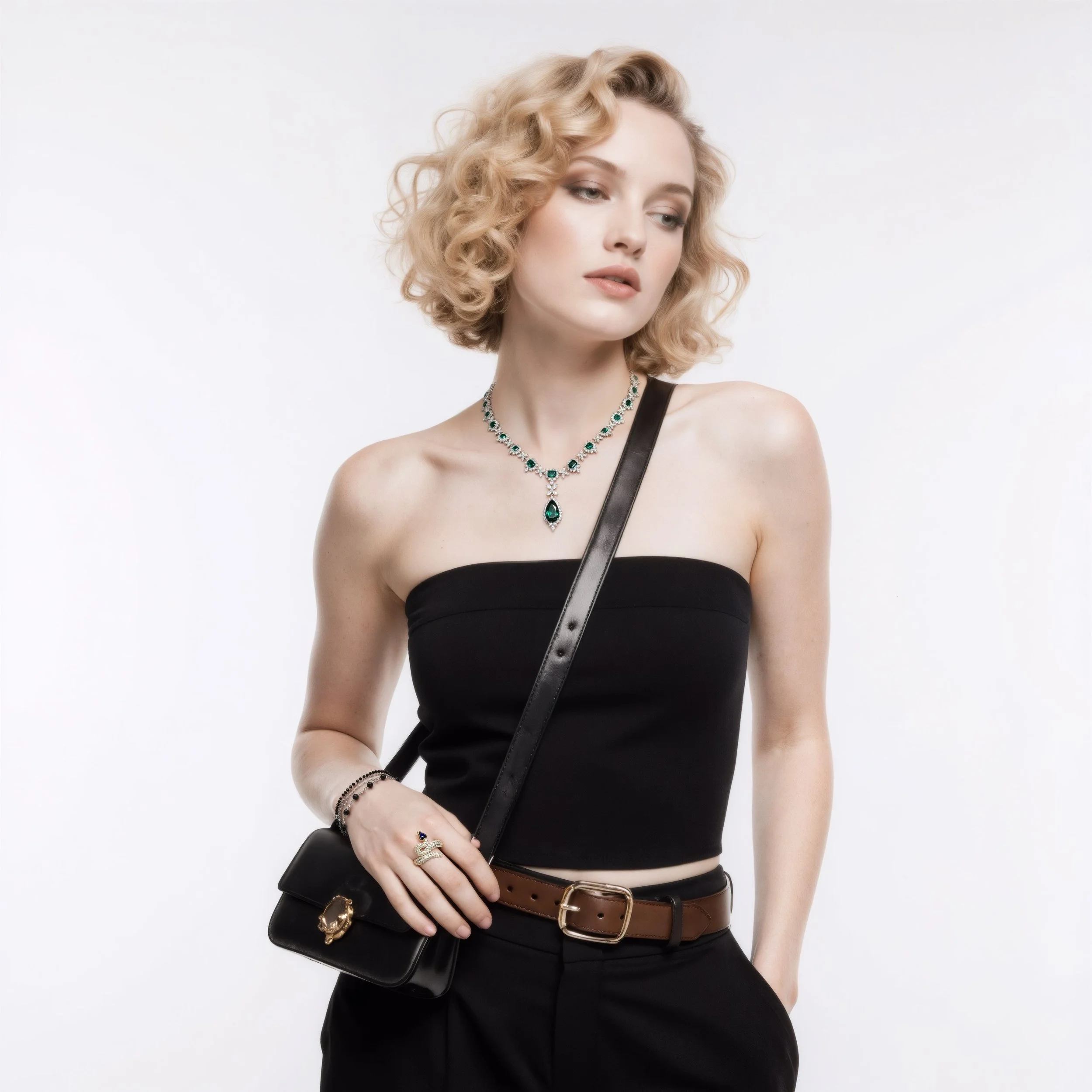 A young woman with blonde, curly hair wearing a black strapless top, black pants, a brown belt, a black crossbody bag, and jewelry including a necklace, rings, and bracelets, standing against a plain white background.