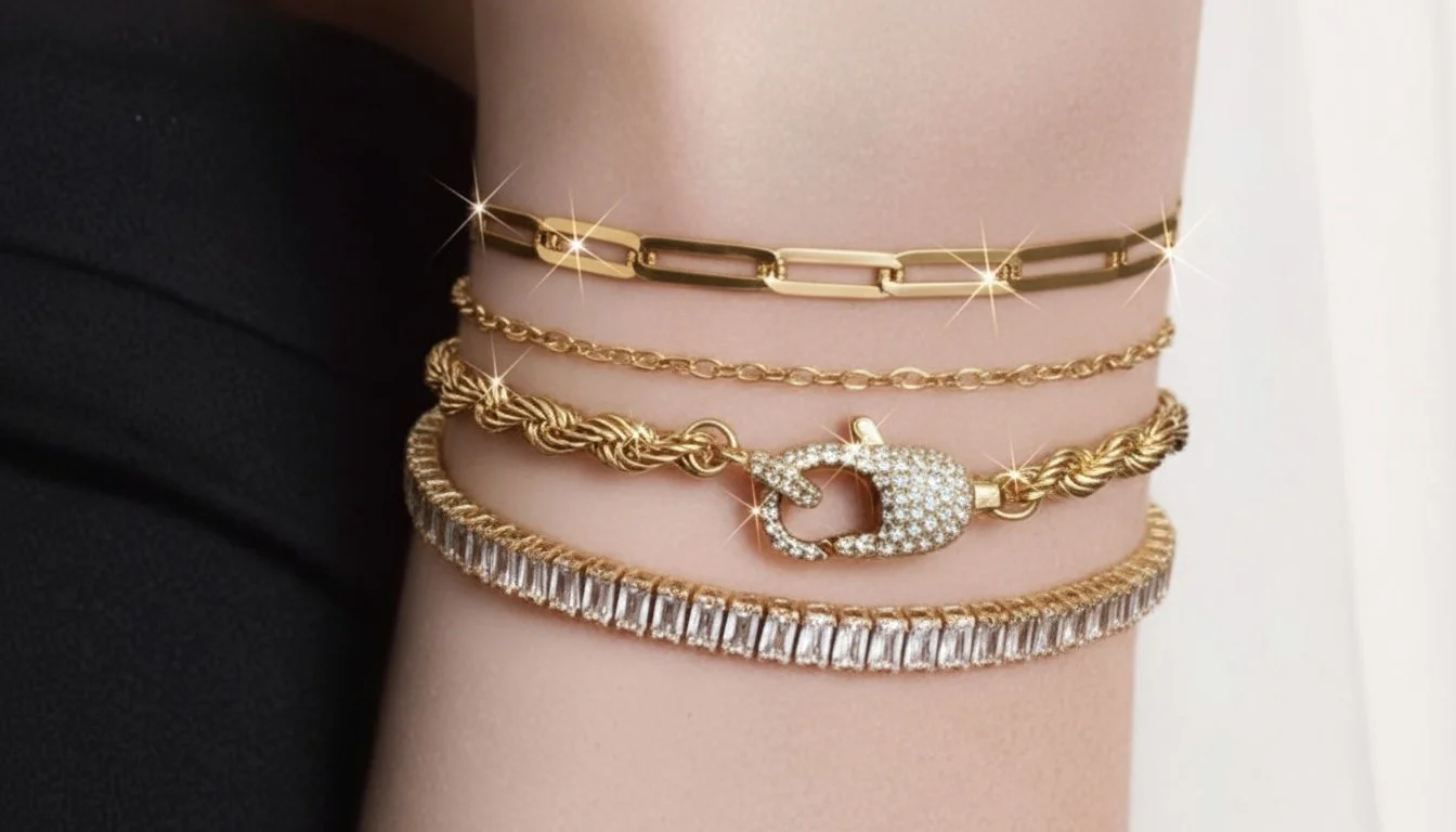 A person's wrist adorned with five stacked gold and diamond bracelets and bangles, including a chain-link bracelet, a diamond-studded bangle, and a gold clasp with a pave diamond design.