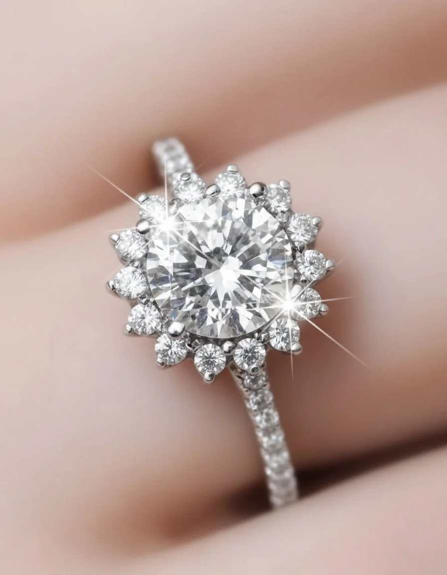 Close-up of a sparkling diamond engagement ring with a large center diamond surrounded by smaller diamonds on a person's finger.