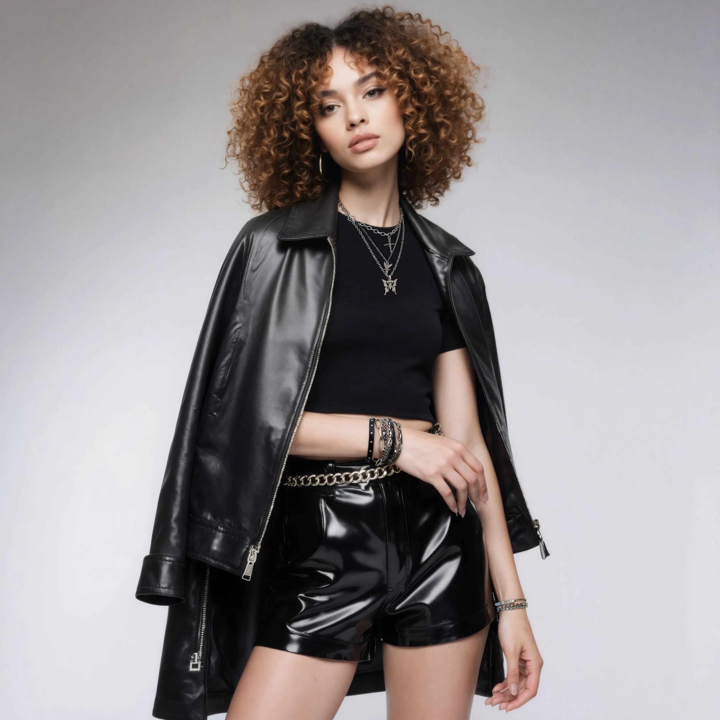 Young woman with curly hair wearing black leather shorts, black top, and a black leather jacket, accessorized with layered necklaces and bracelets, standing against a plain background.