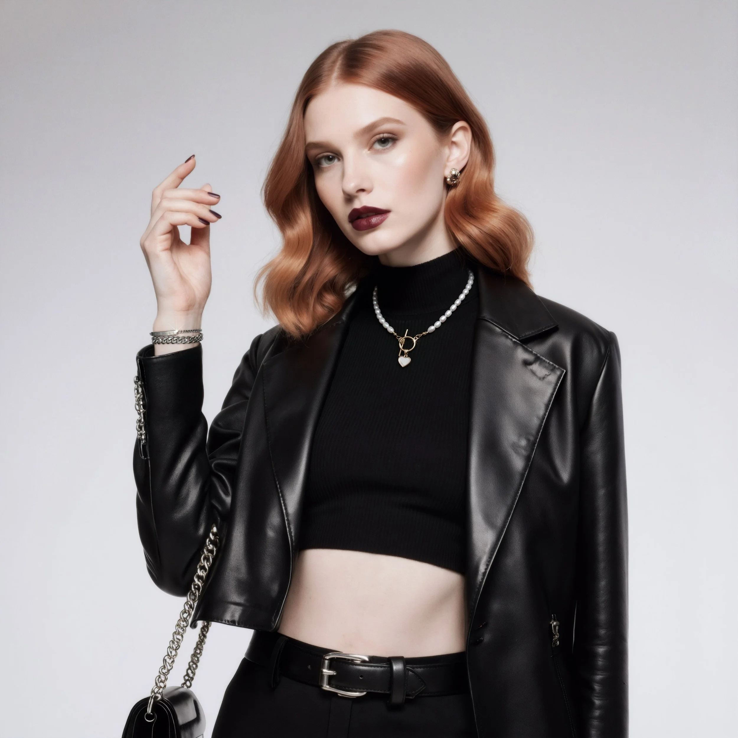 A woman with red hair styled in waves, wearing a black leather jacket, black crop top, black pants with a belt, and jewelry including earrings, a pearl necklace, and layered chains, posing against a plain light background.