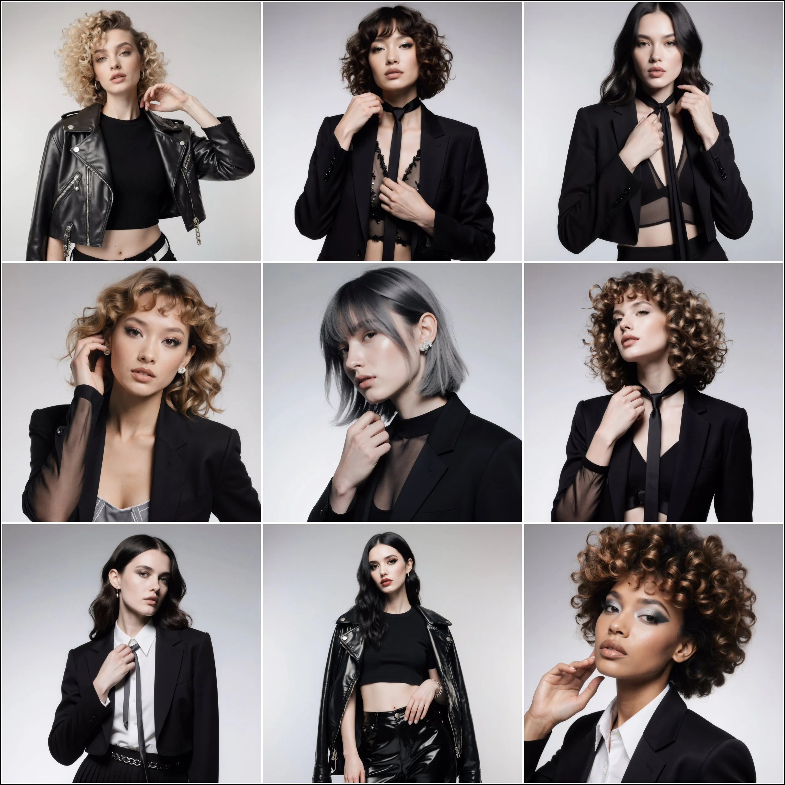 Collage of nine women with varied hairstyles and makeup, wearing black and dark clothing against a plain gray background.