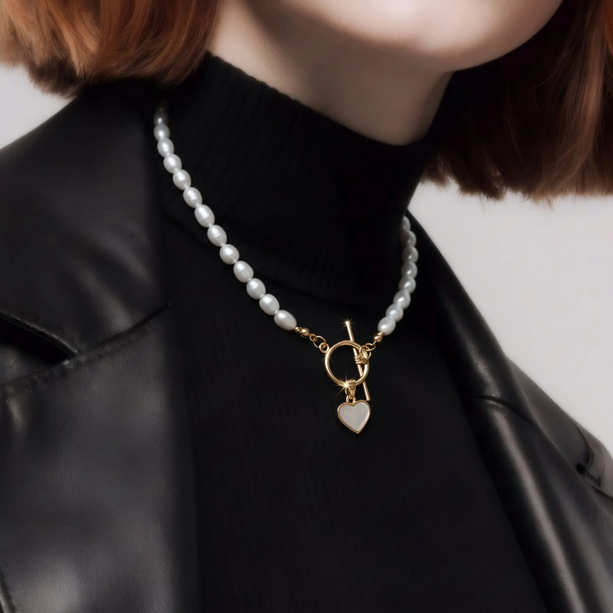 A woman wearing a pearl necklace with a gold clasp and a heart-shaped pendant, a black turtleneck, and a black leather jacket.