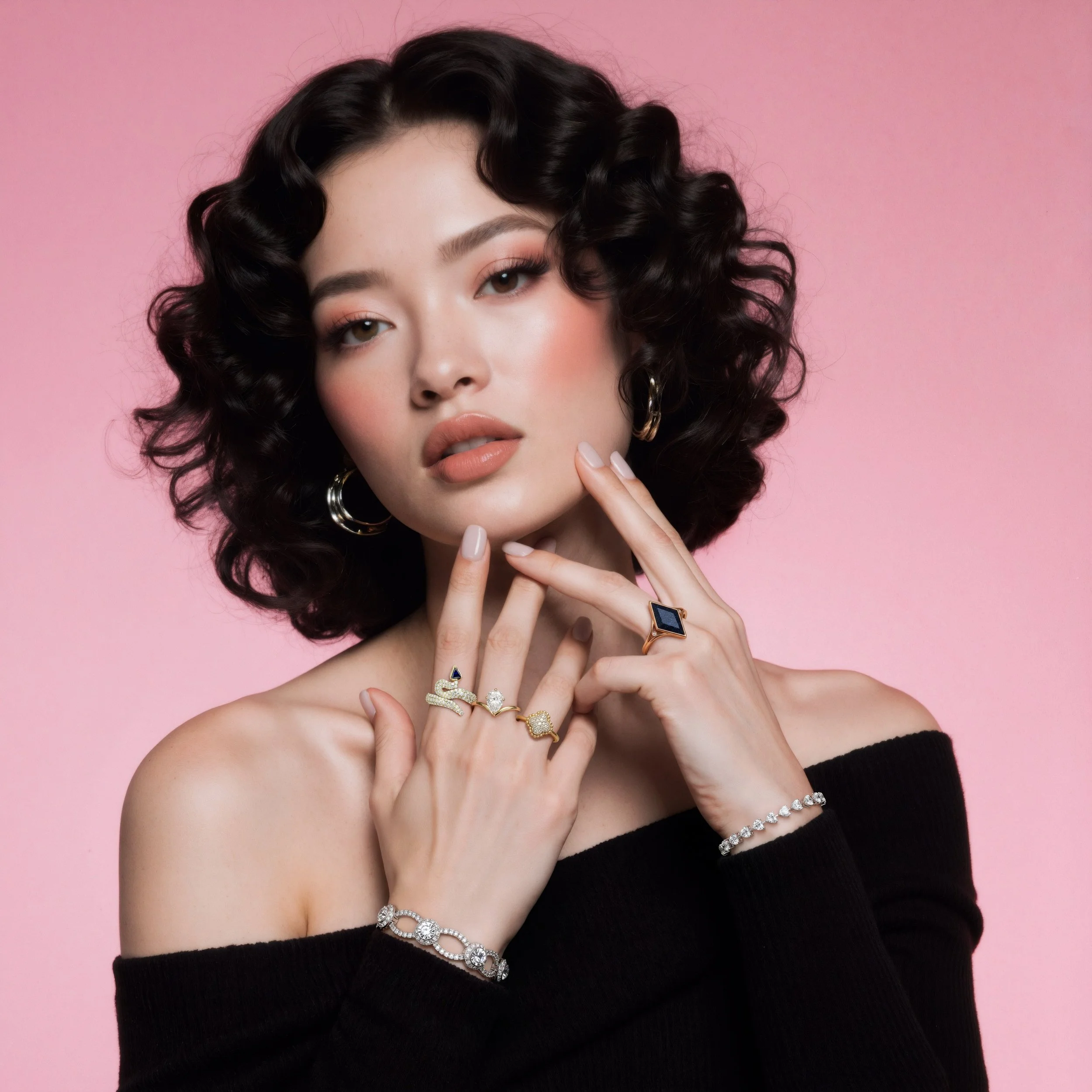 Portrait of a woman with dark curly hair wearing multiple jewelry pieces including rings, bracelets, and earrings, posed against a pink background.