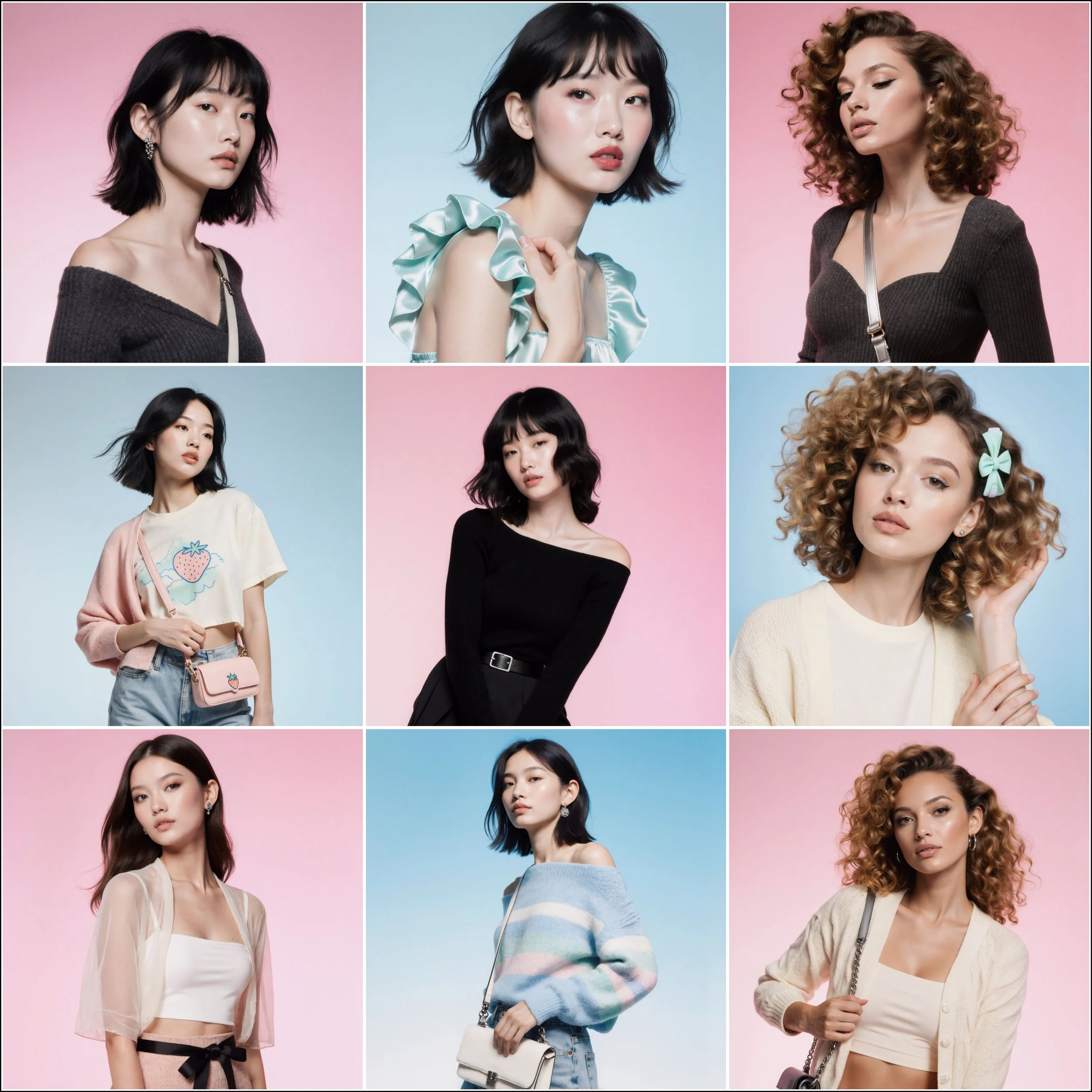 A collage of nine women with various hairstyles and fashion, posing against pastel-colored backgrounds.