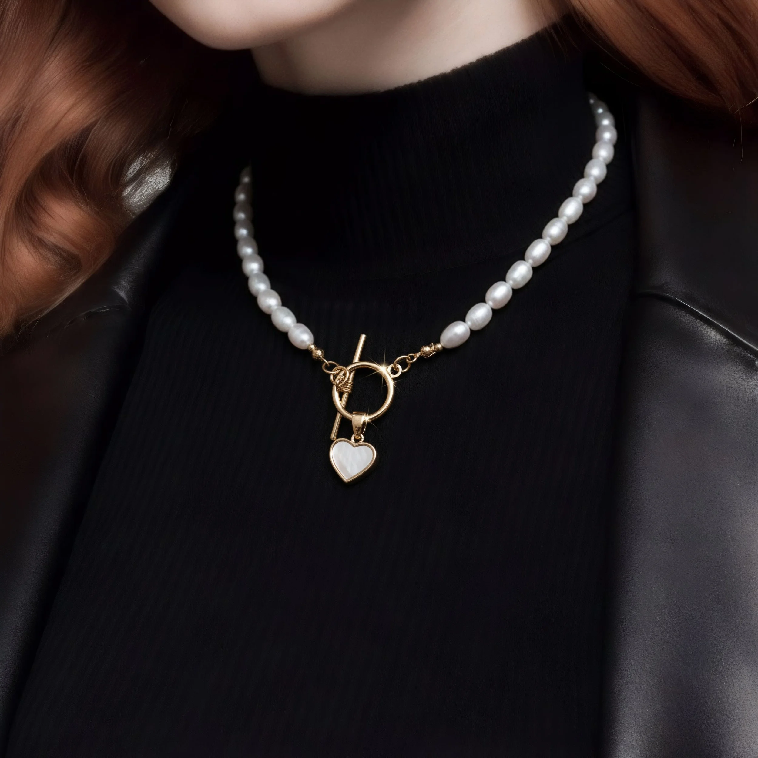Close-up of a woman wearing a pearl necklace with a gold toggle clasp and a small heart charm, paired with a black turtleneck and a black leather jacket.