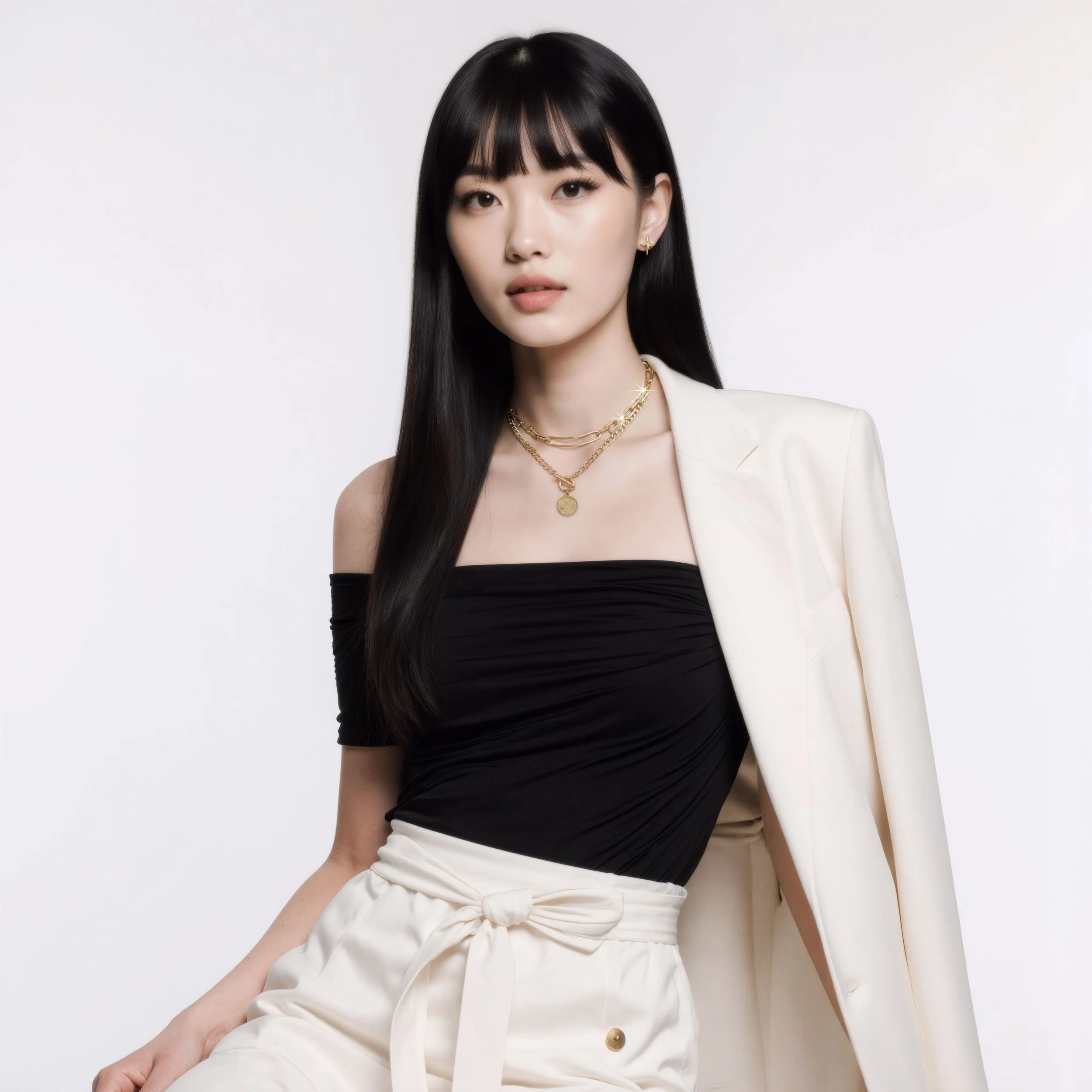 A young woman wearing a black off-shoulder top, white pants, and a white blazer draped over her shoulder, sitting against a plain background.