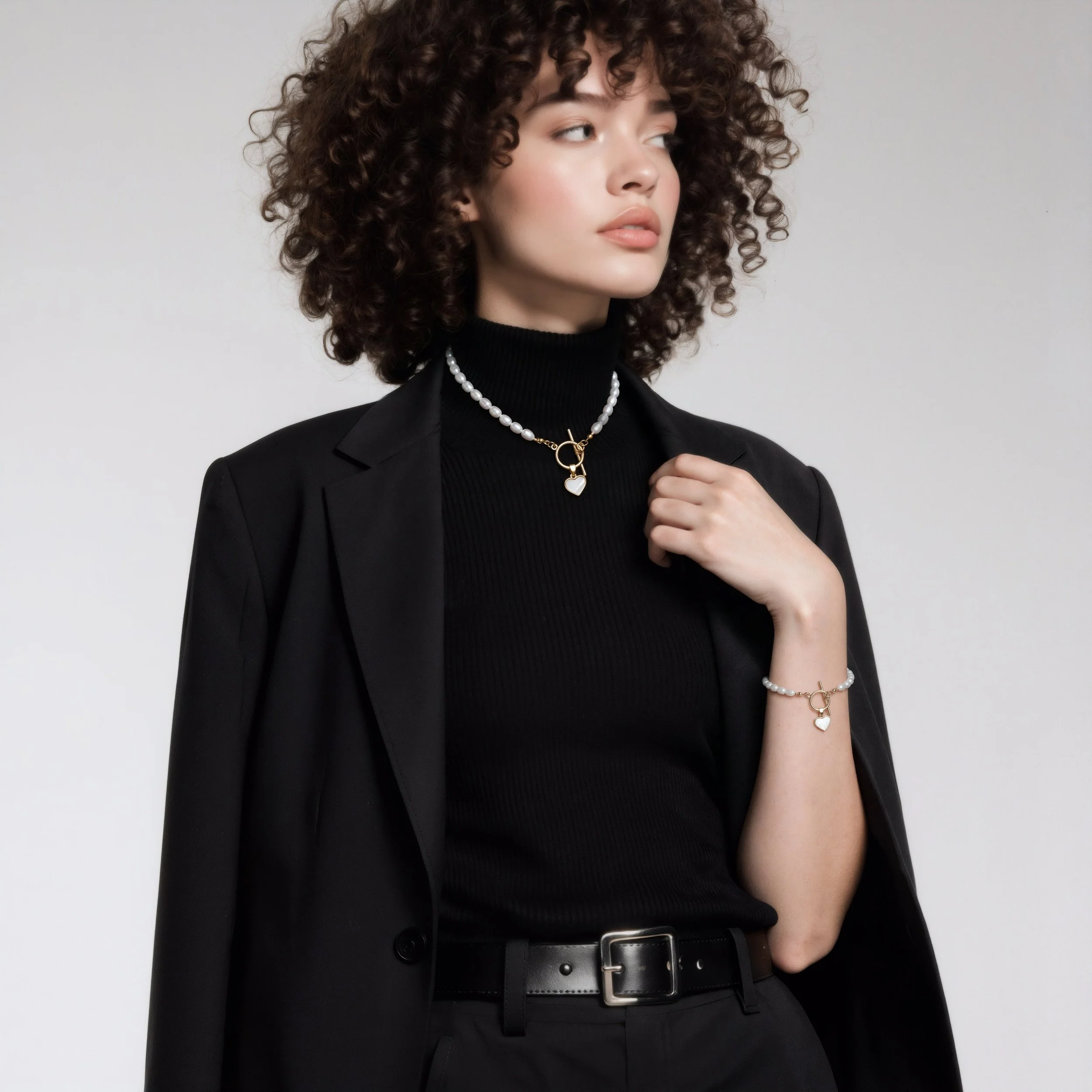 A woman with curly hair wearing a black blazer, black turtleneck, and jewelry including pearl necklace, bracelet, and a heart-shaped pendant, against a plain background.