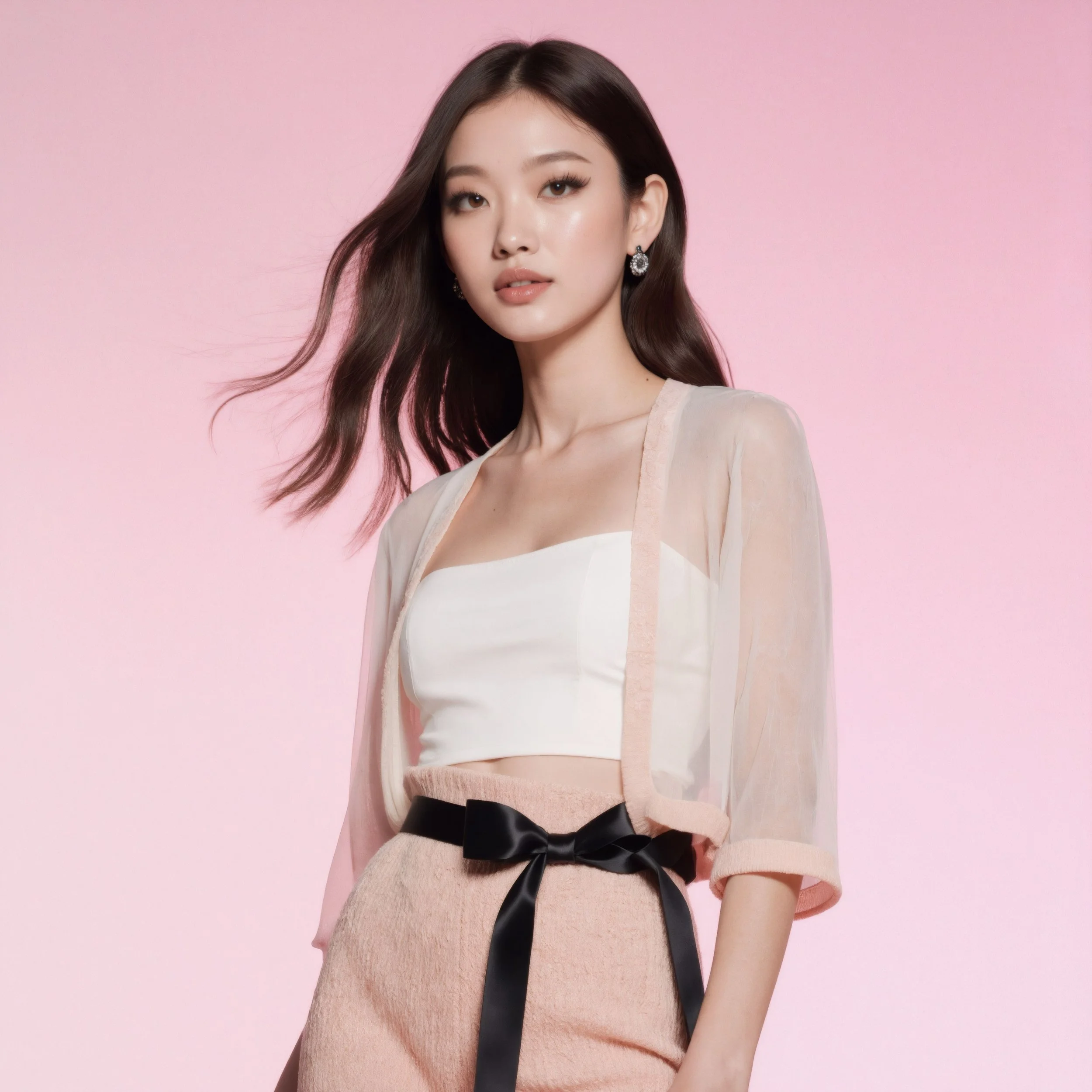 A young woman with long dark hair and earrings poses against a pink background, wearing a white crop top, beige high-waisted pants with a black ribbon belt, and a sheer pink cardigan.