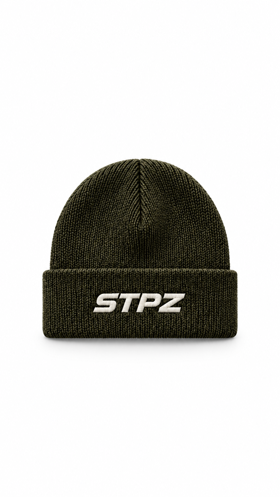Olive Ribbed Beanie with STPZ Logo.png