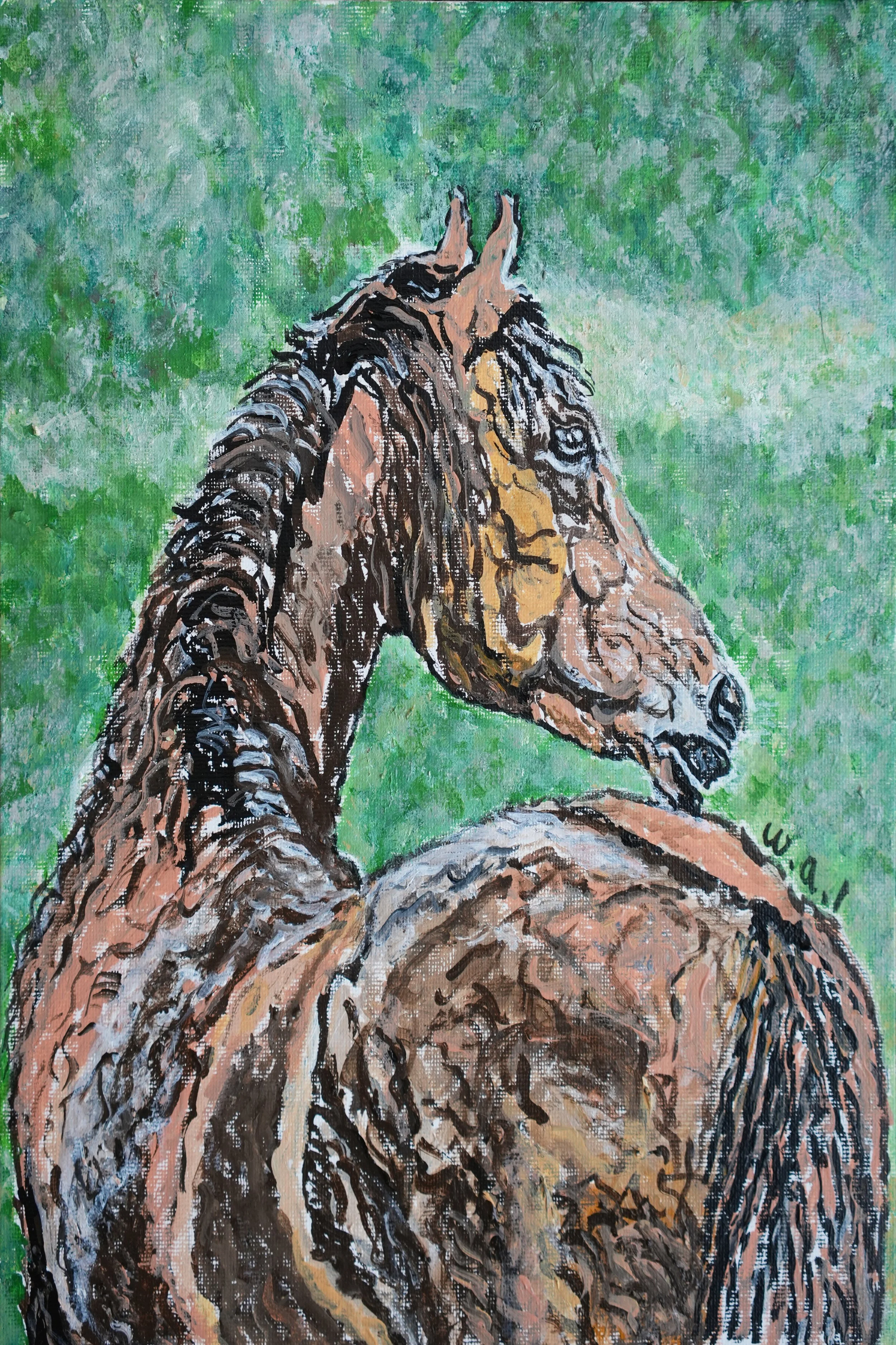 Close-up painting of a horse's head from behind, showing detailed brushstrokes of brown, black, and tan colors, with green foliage in the background.