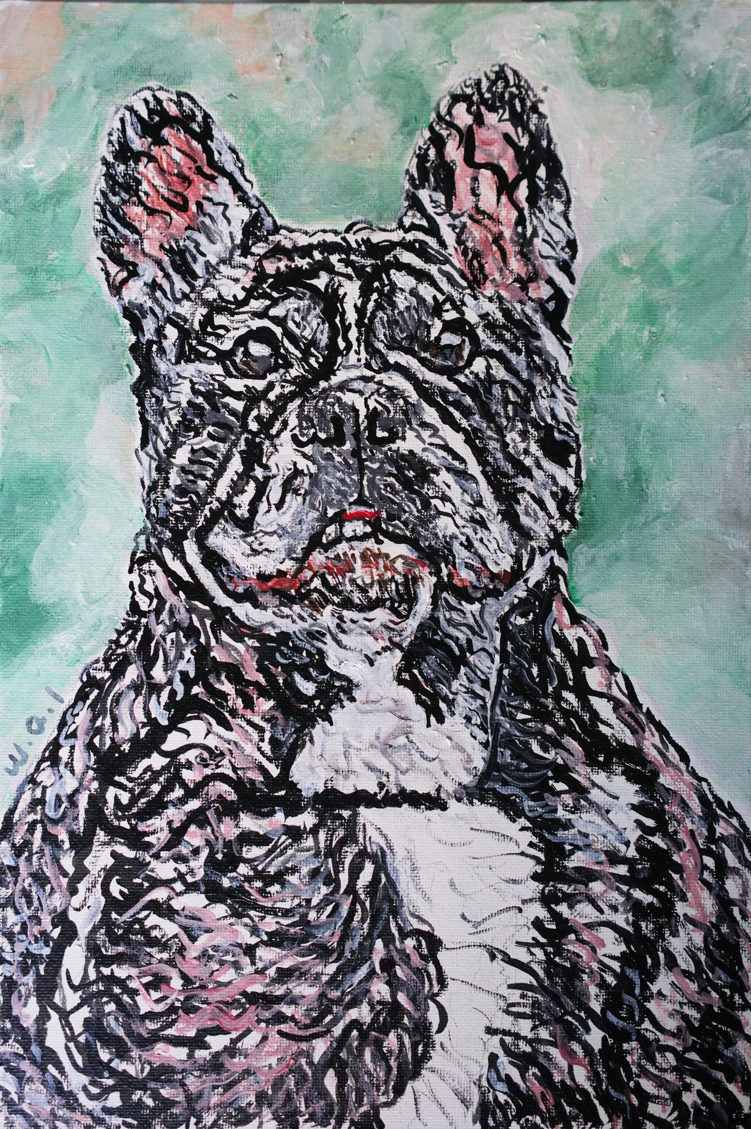 Painted portrait of a French Bulldog with a green background.