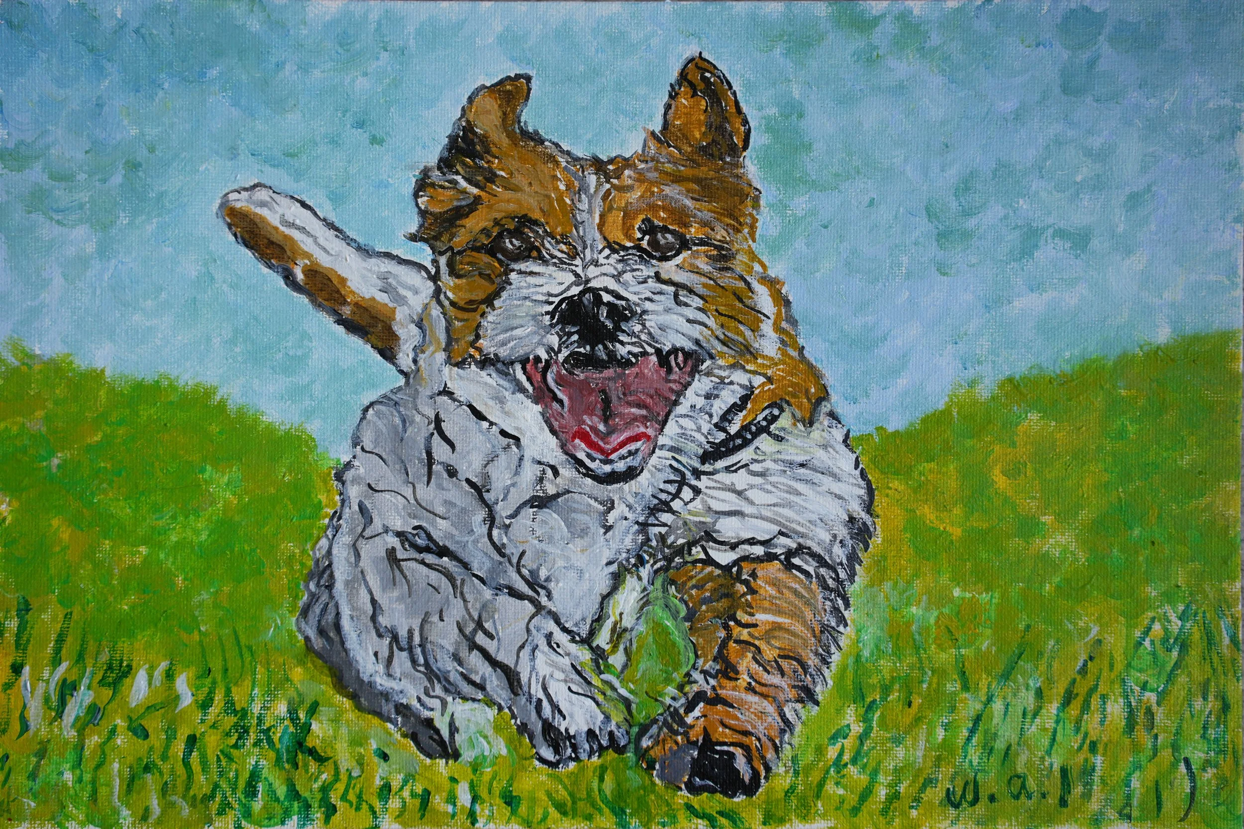 Painting of a happy, playful dog with a mix of brown, white, and black fur, running through a grassy field on a sunny day with a blue sky.