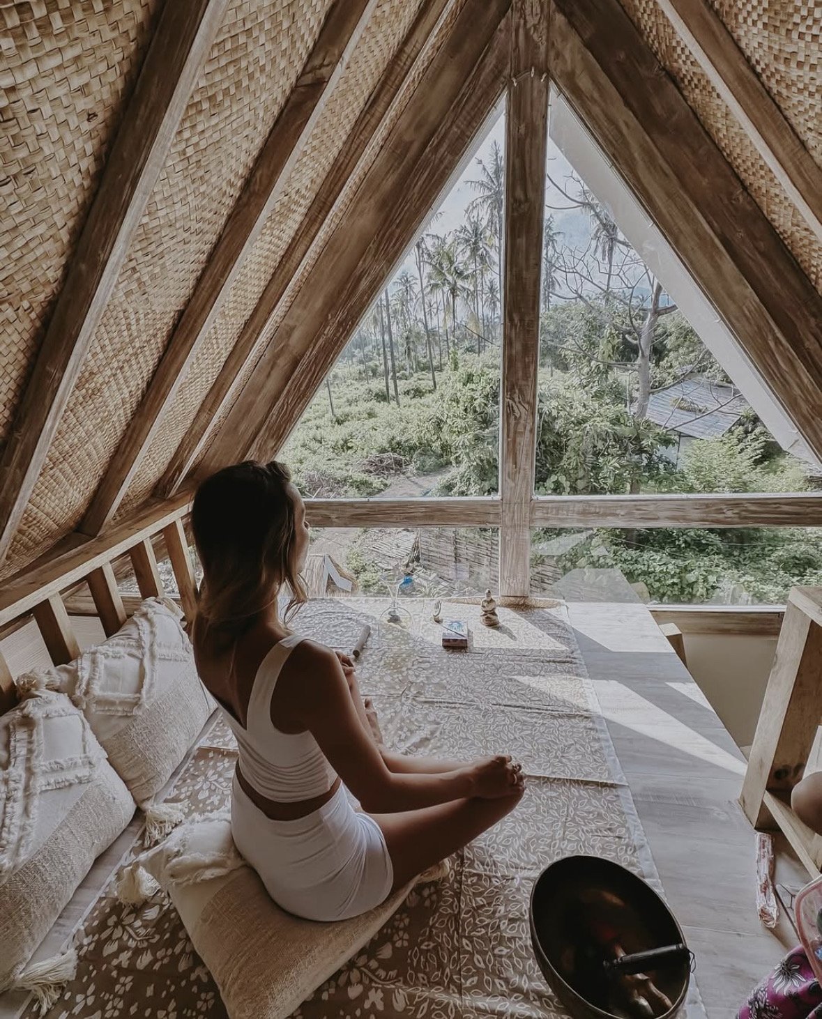 Meditation loft overlooking coconut tree fields at Casa Magick