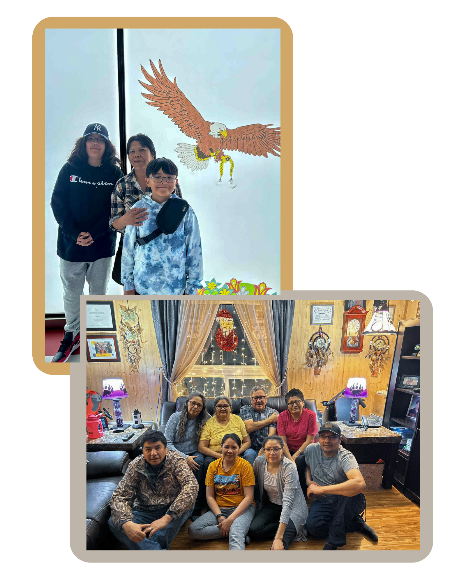 Top photo: three people standing in front of a mural of an eagle with outstretched wings; bottom photo: nine people gathered inside a cozy, decorated room with wood-paneled walls and warm lighting.