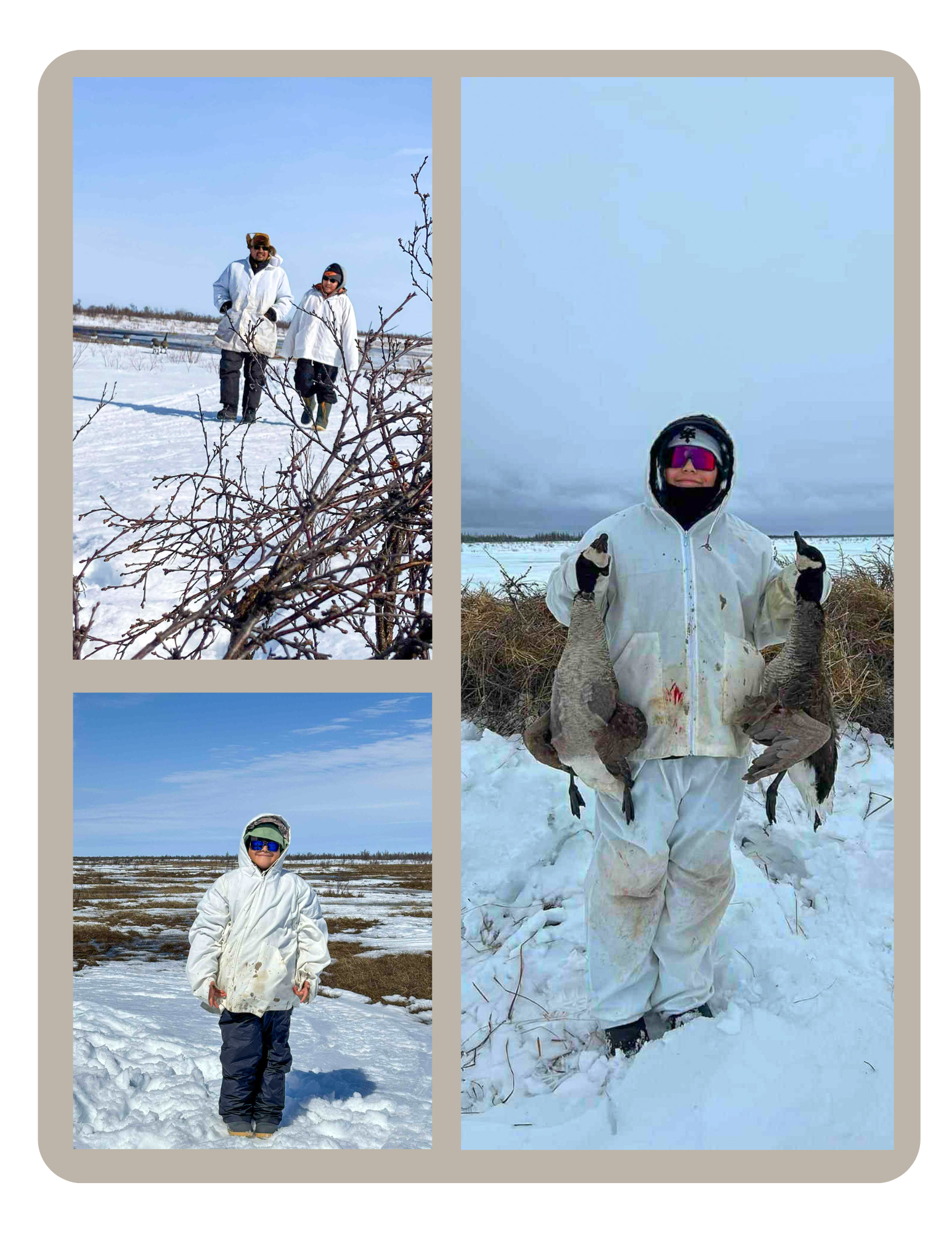 People in winter clothing engaged in outdoor activities in a snowy landscape, including two people walking among brush, a person holding geese, and a person standing in snow with a landscape in the background.