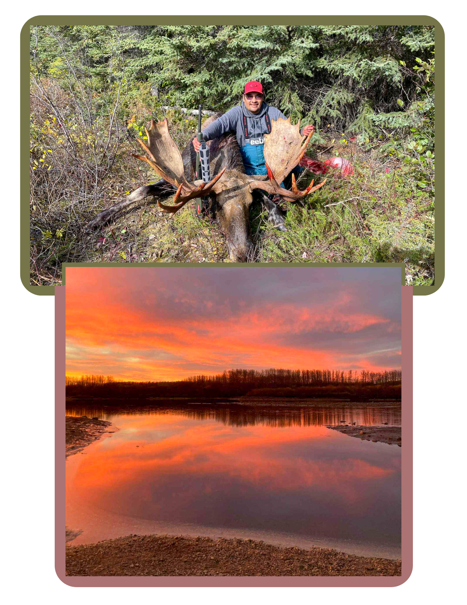 A man posing with a large moose he hunted, and a sunset over a calm lake with orange and pink clouds.