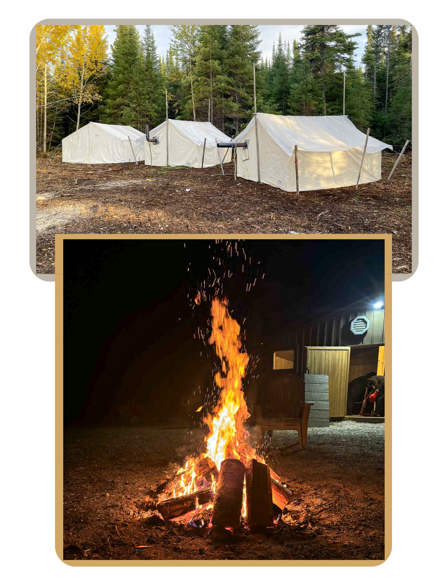 Two images. The top image shows three white tents set up outdoors in a forest clearing with tall trees in the background. The bottom image shows a campfire burning at night with flames and sparks, near a wooden bench and a dark building with a person in the background.