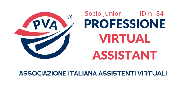Logo dell'Associazione Italiana Assistenti Virtuali con testo in italiano e inglese, inclusa la sigla PVA e dettagli sulla partnership e il ruolo di assistente virtuale.