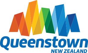 Colorful stylized mountain range with the words "Queenstown New Zealand" beneath.