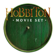 Close-up of a button for 'The Hobbit: Movie Set' with a green background and gold text.