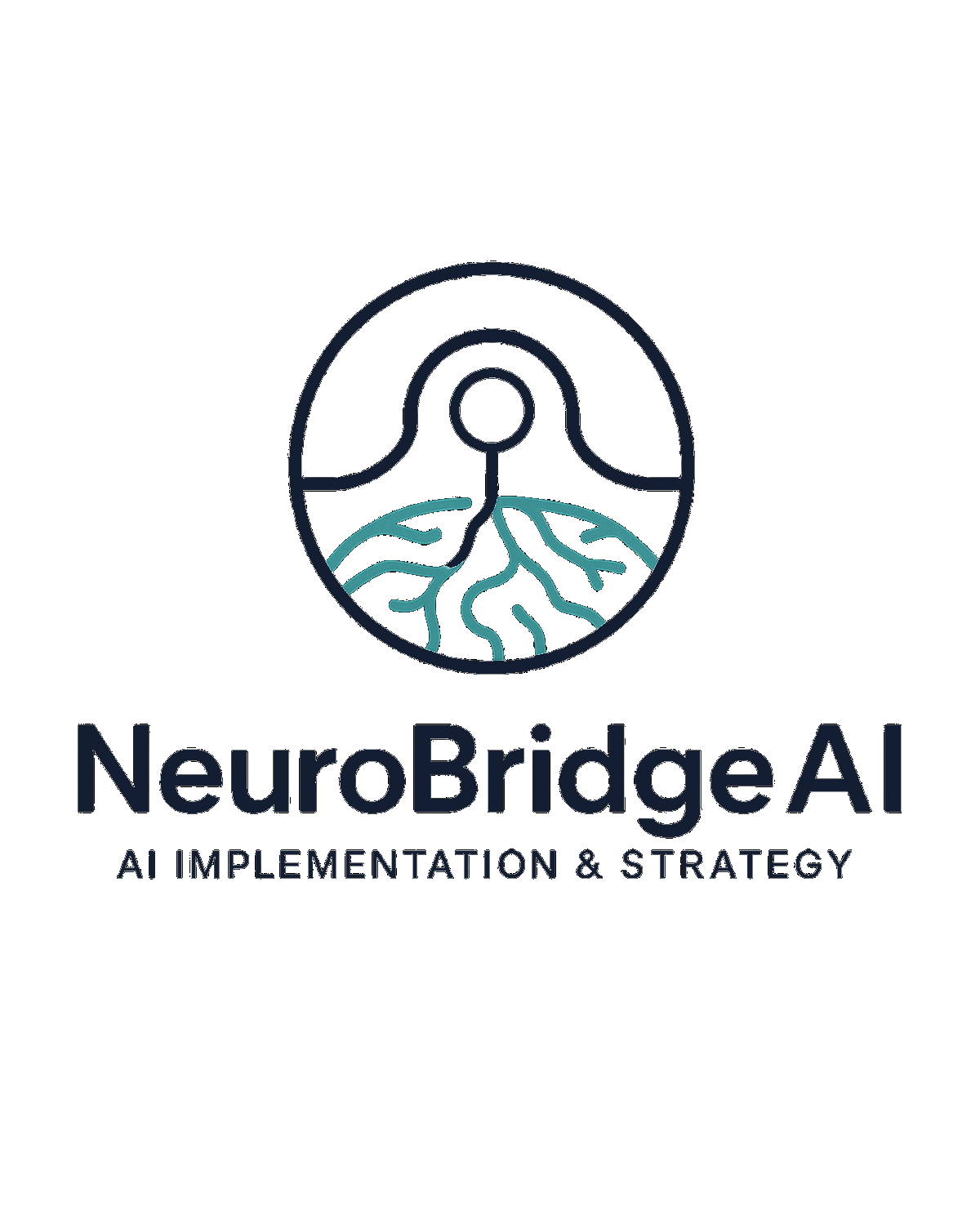 Logo for NeuroBridgeAI with a stylized brain and neural network lines, and the text "NeuroBridgeAI" and "AI Implementation & Strategy" underneath.