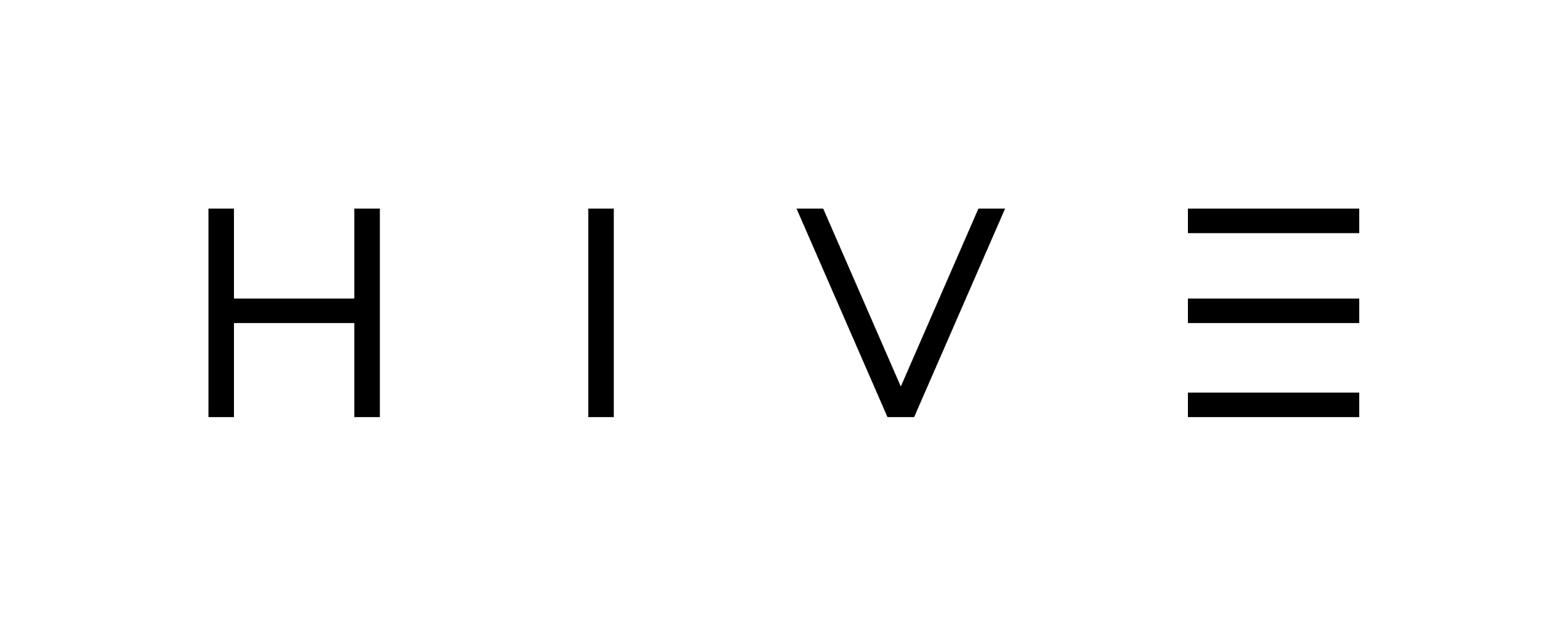 Black background with the word "HIVE" written in large, outlined, capital letters, spaced evenly.