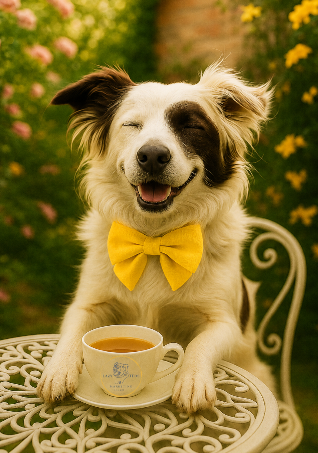 Teddy the face and name of Lazy Teds Marketing sat in a garden drinking a coffee wearing a yellow bowtie