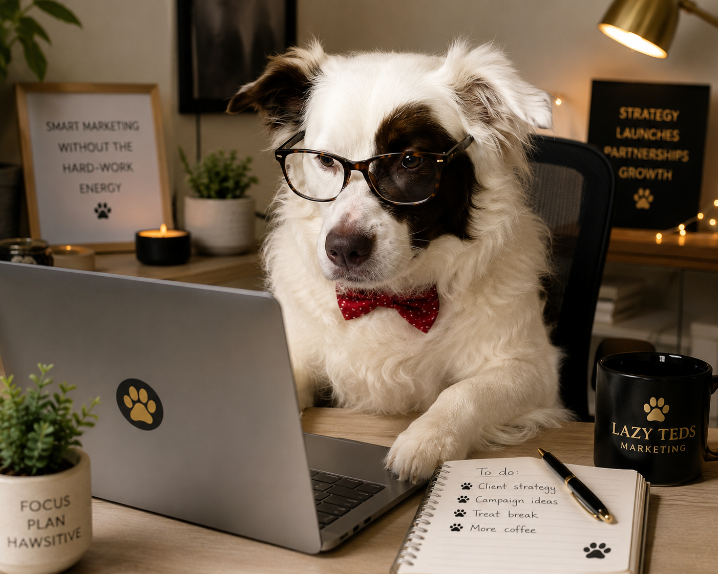 Teddy the Collie on the laptop working wearing glasses looking very professsional