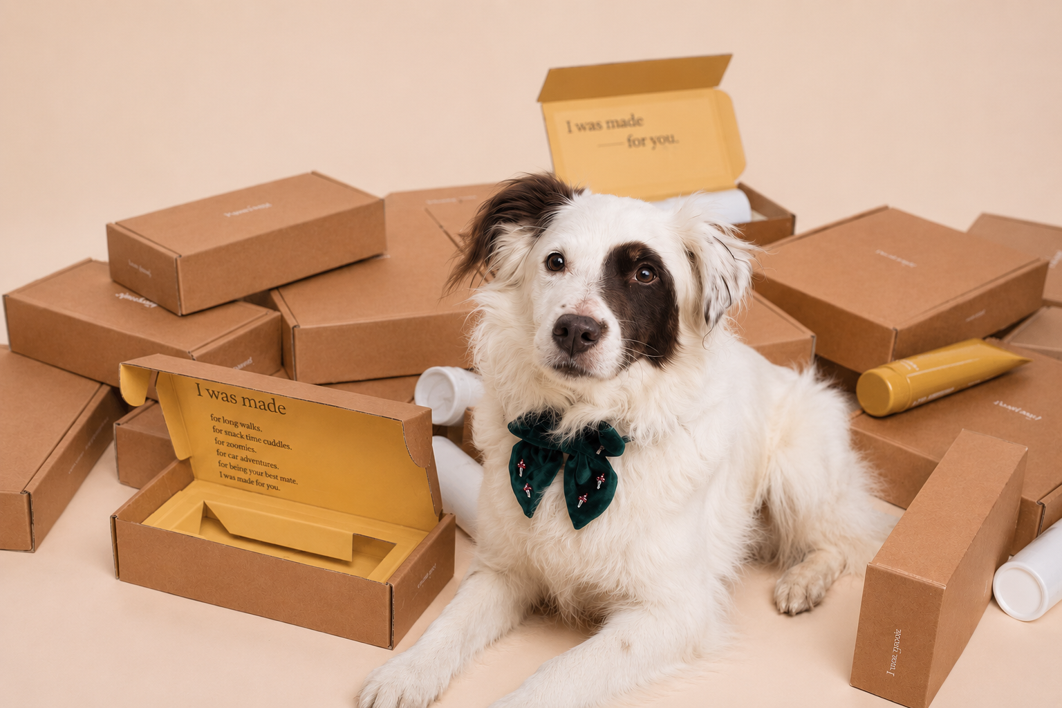 Teddy, the rescue Collie behind the brand, wearing a green bandana, sitting among cardboard boxes and packaging materials.