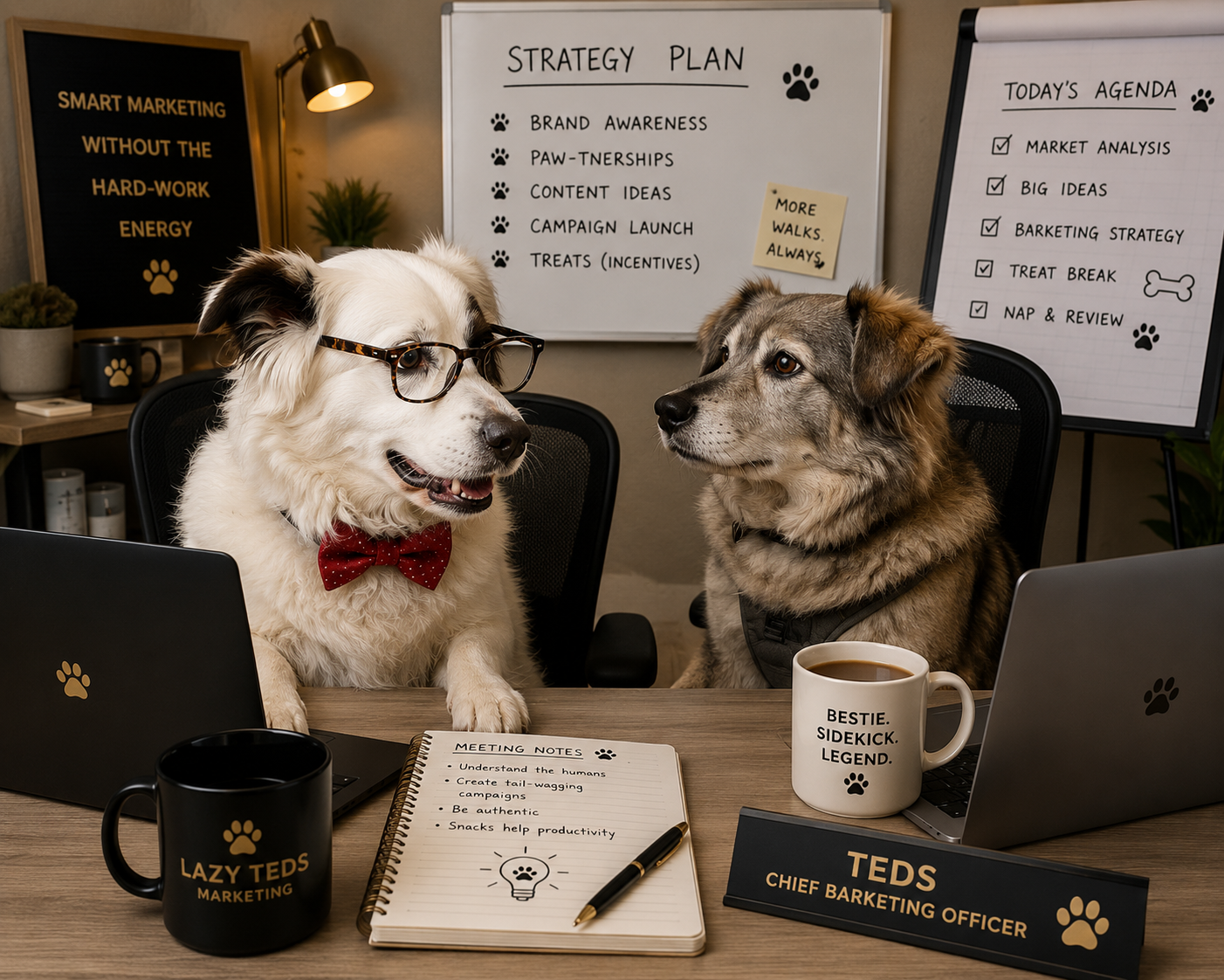 Teddy the rescue Collie speaking to Gunna the rescue dog from Serbia over a brew with the laptop and note pad