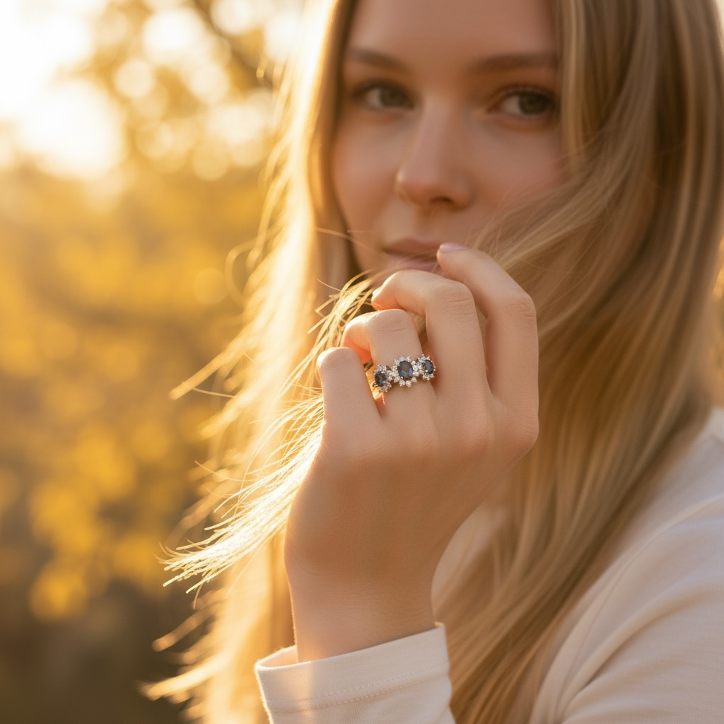 Sapphire & Diamond Three Stone Ring - 18k White Gold