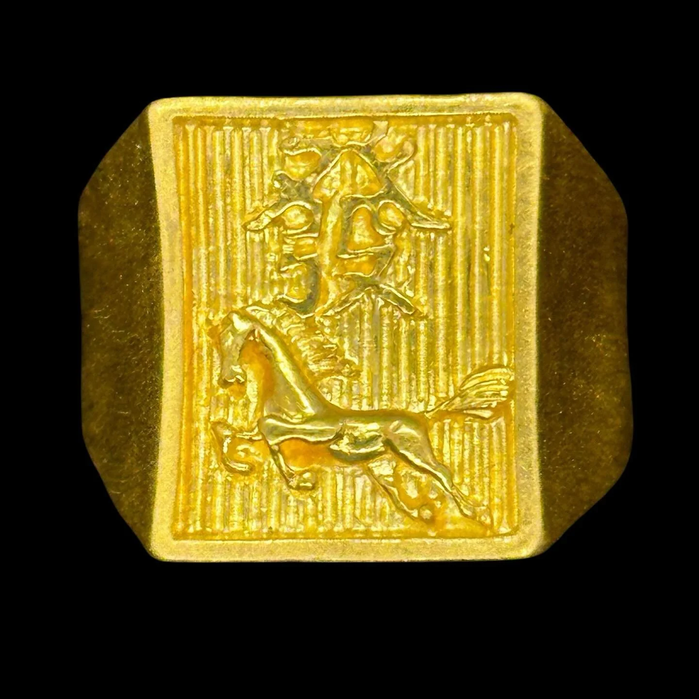 🐎💛 Bold Luxury with Meaning 💛🐎

Striking in 24k yellow gold, this statement ring features an intricately carved horse&mdash;symbol of strength, speed, and success&mdash;galloping beneath the Chinese character &ldquo;發&rdquo; (fā), which represent