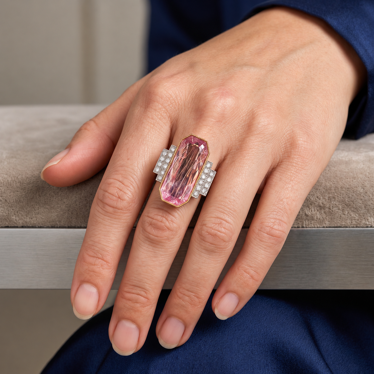 Art Deco Pink Gemstone Ring on Hand.png