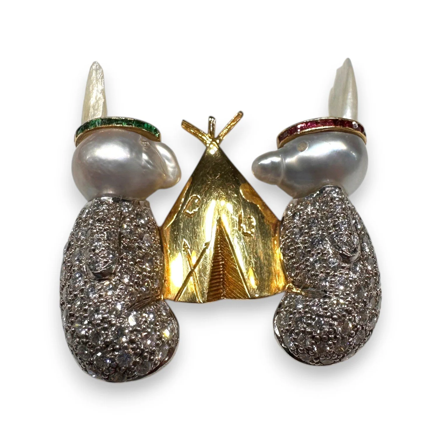 Geoff Rowlandson "Baby Braves" Diamond, Pearl, Emerald & Ruby Brooch 18k Yellow & White Gold | London 2000 | Signed & Numbered GB036