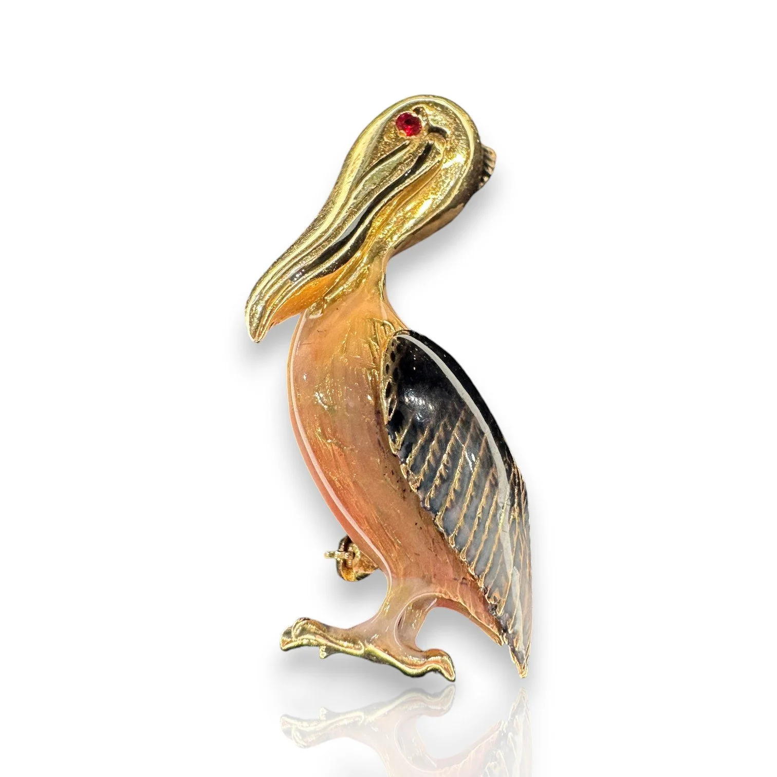 Exquisite Enamel & Ruby Pelican Brooch