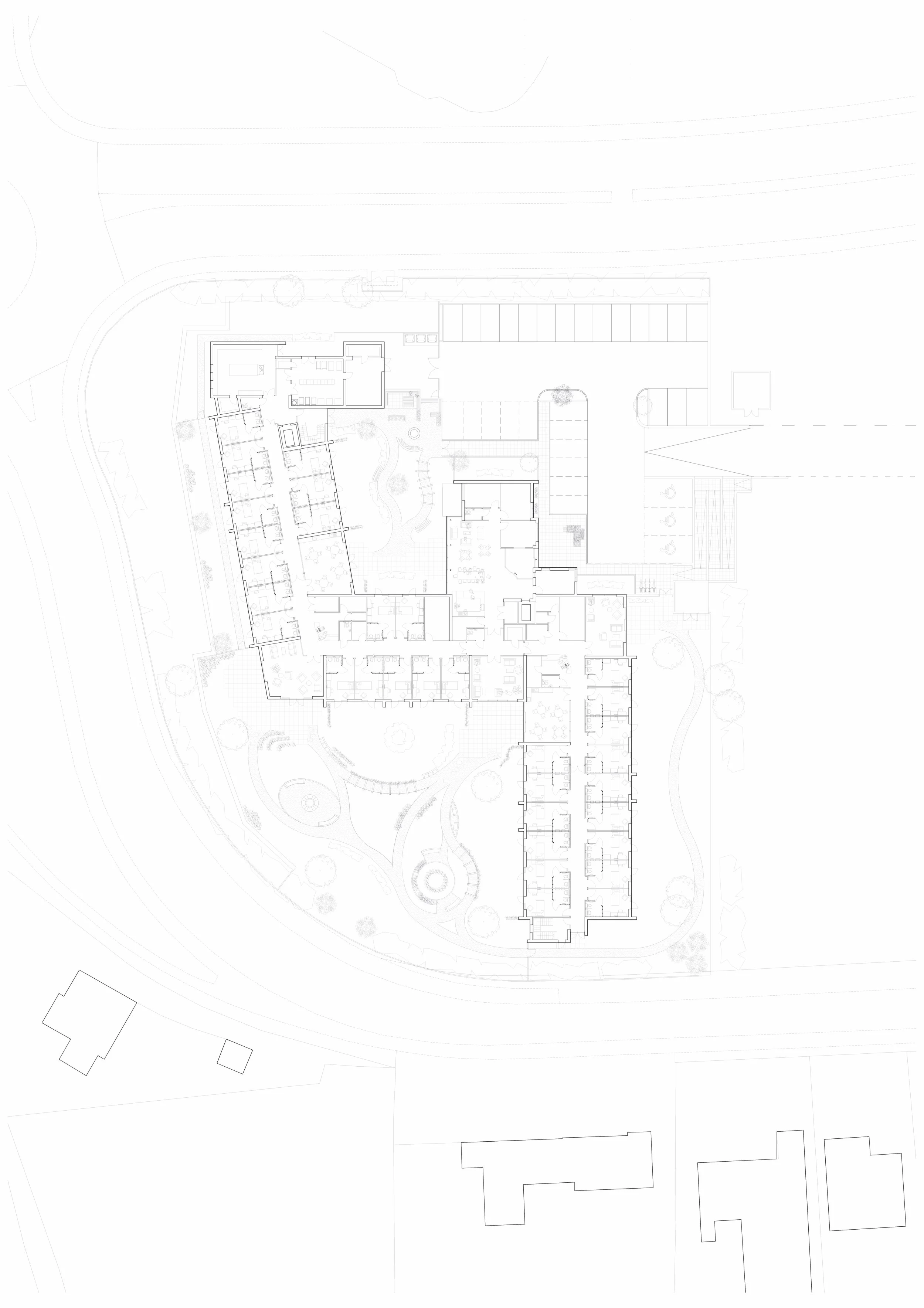 Rickett Architects Ltd — Floor plan showing residential building layout with landscaped open space, parking, and footpath circulation