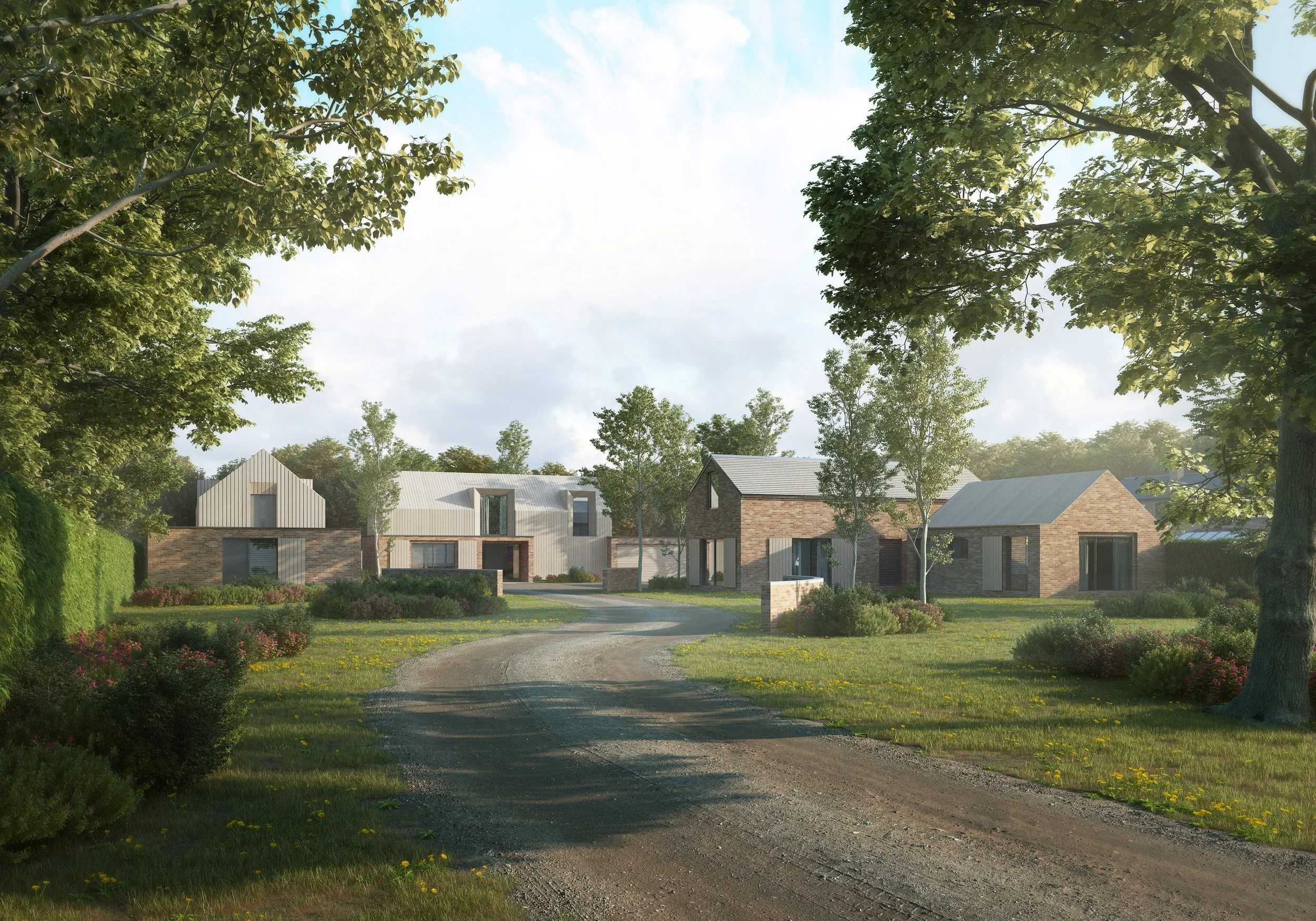 Residential site layout with varied house types and soft landscape design — low-density housing concept