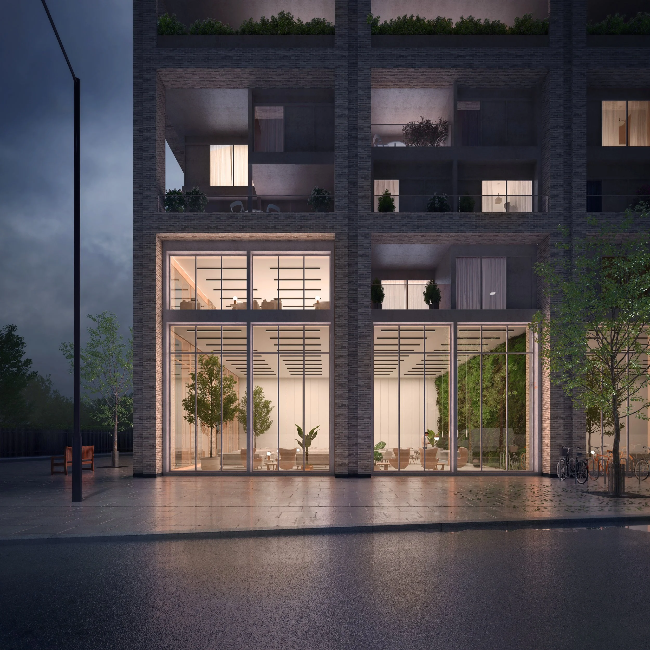 Rickett Architects Ltd — Mixed-use development with ground floor café — illuminated elevation study for urban placemaking