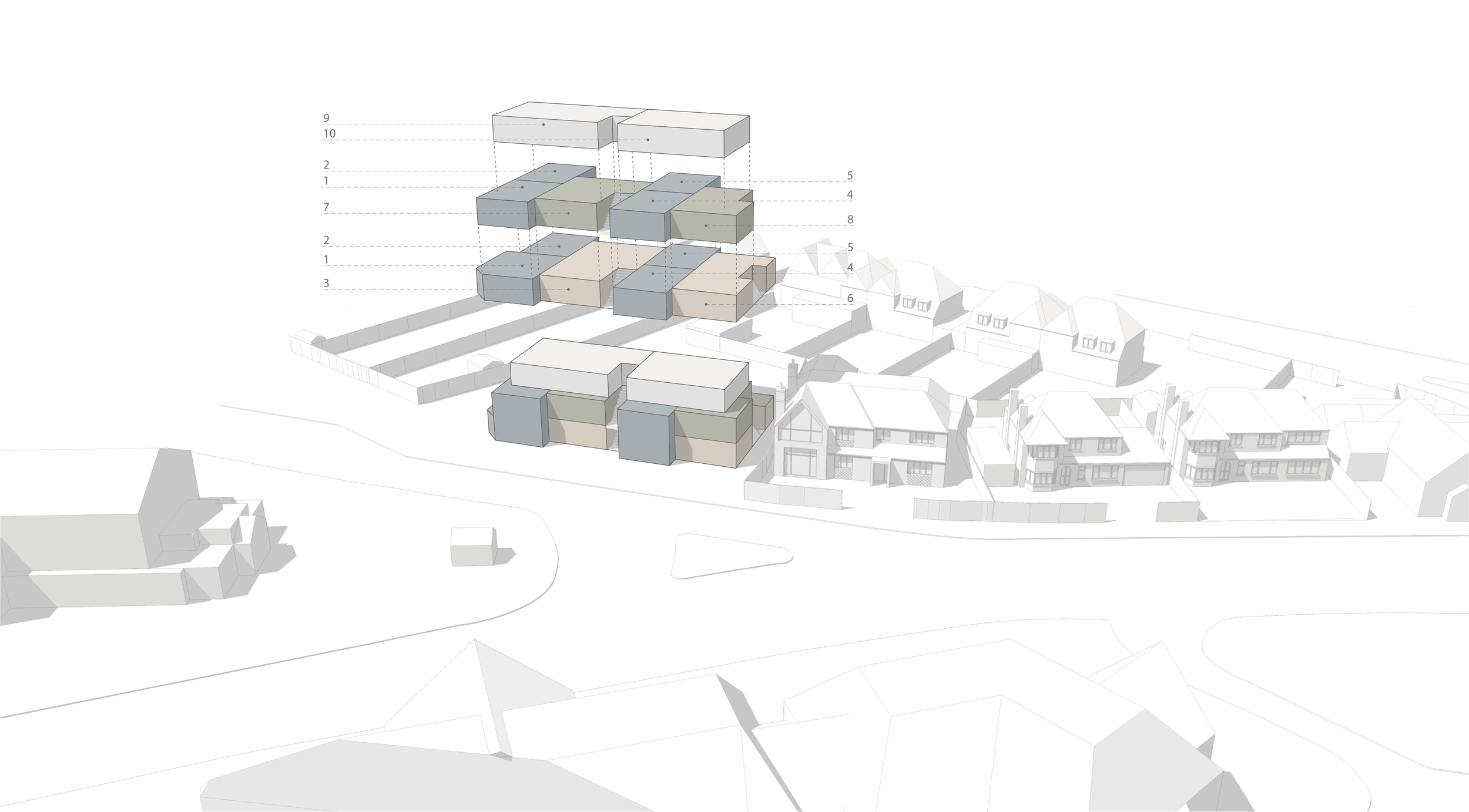 Rickett Architects Ltd — Annotated site plan for residential development — building placement, elevation data, and massing study